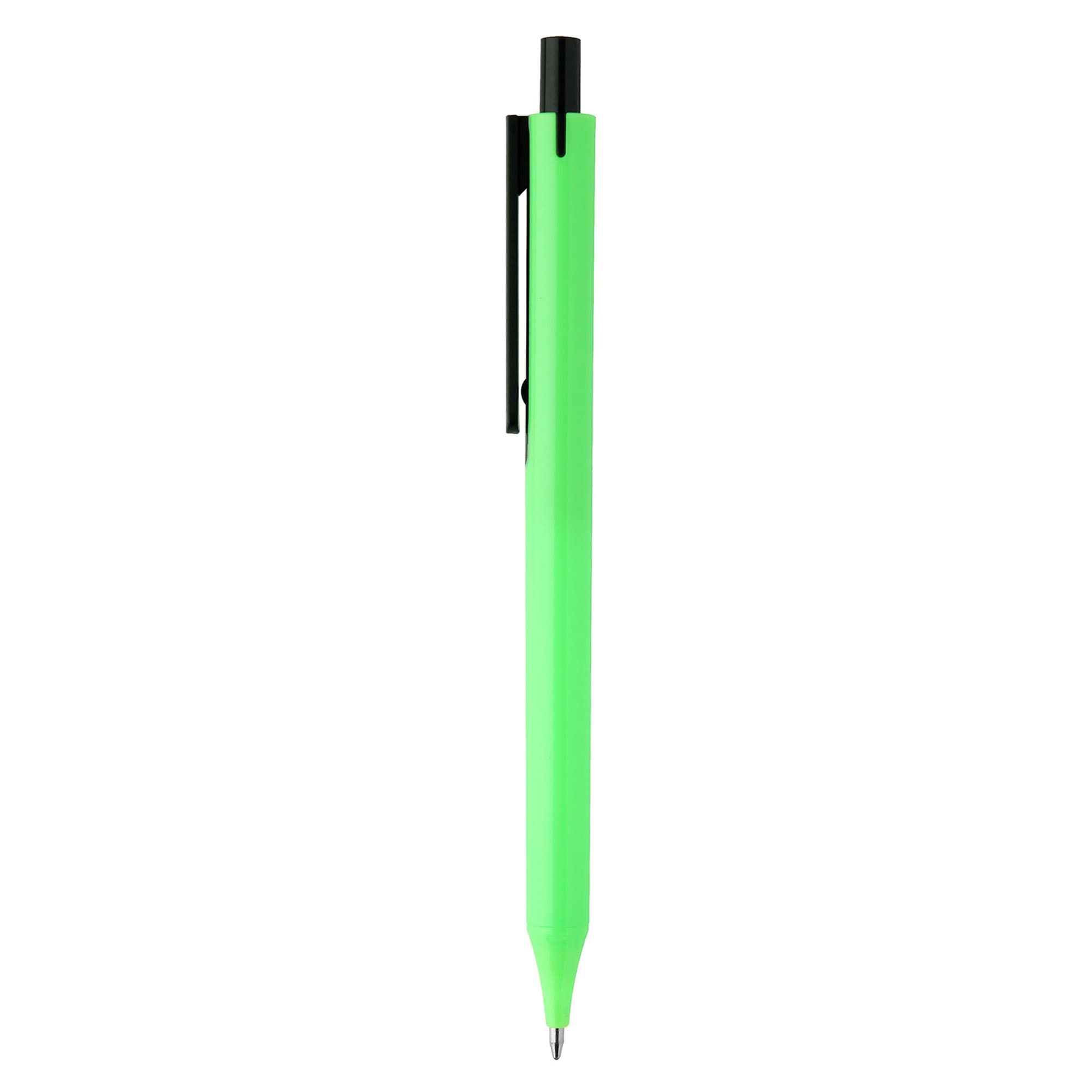 A bright green plastic pen with a black clip and nib, featuring a simple design and branding.