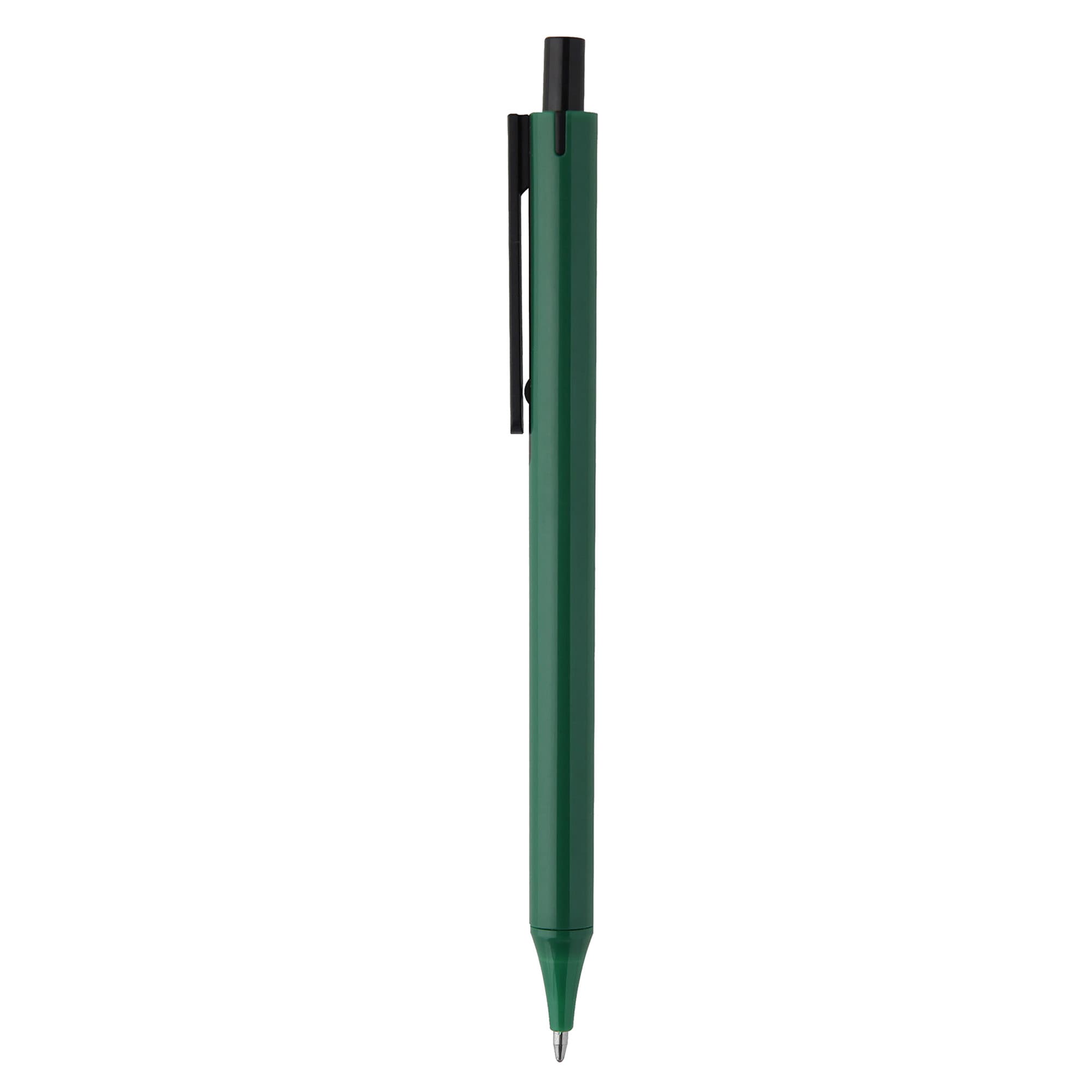 A plastic pen in dark green with a black clip and a simple design, featuring a logo on the barrel.