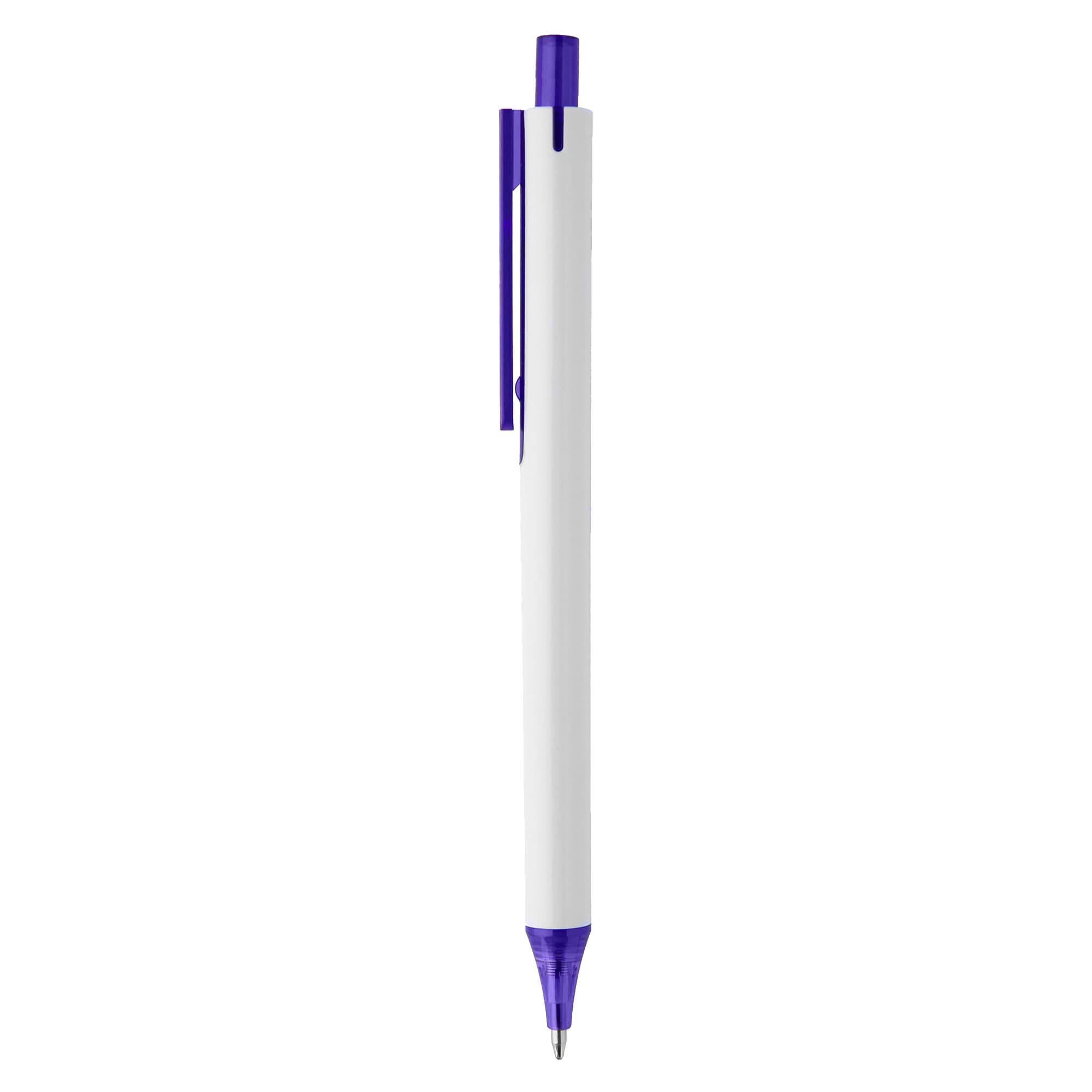 A plastic pen in white with a purple click mechanism and a clip. It features a branding logo.