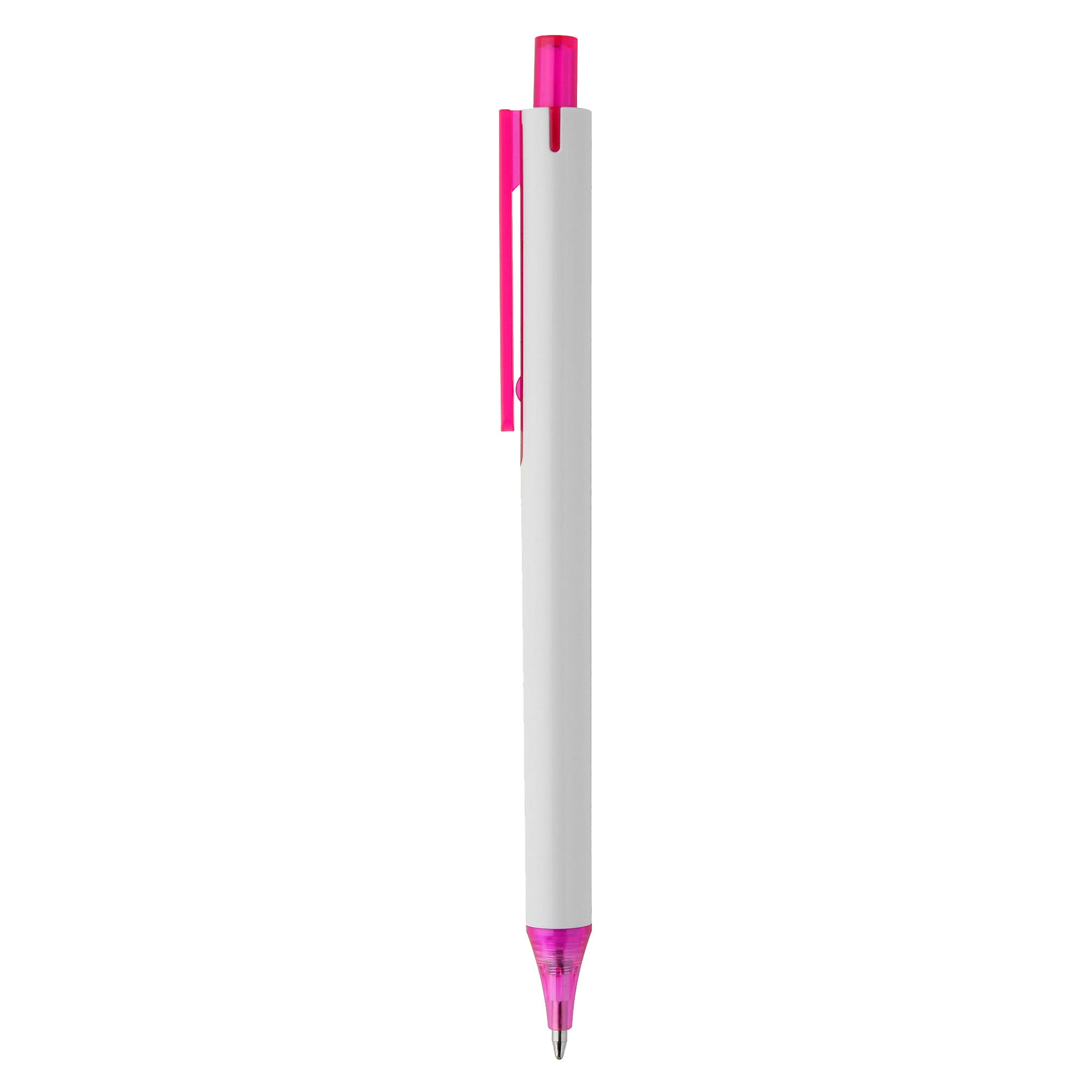 A plastic pen in white with pink accents, featuring a logo on its barrel.