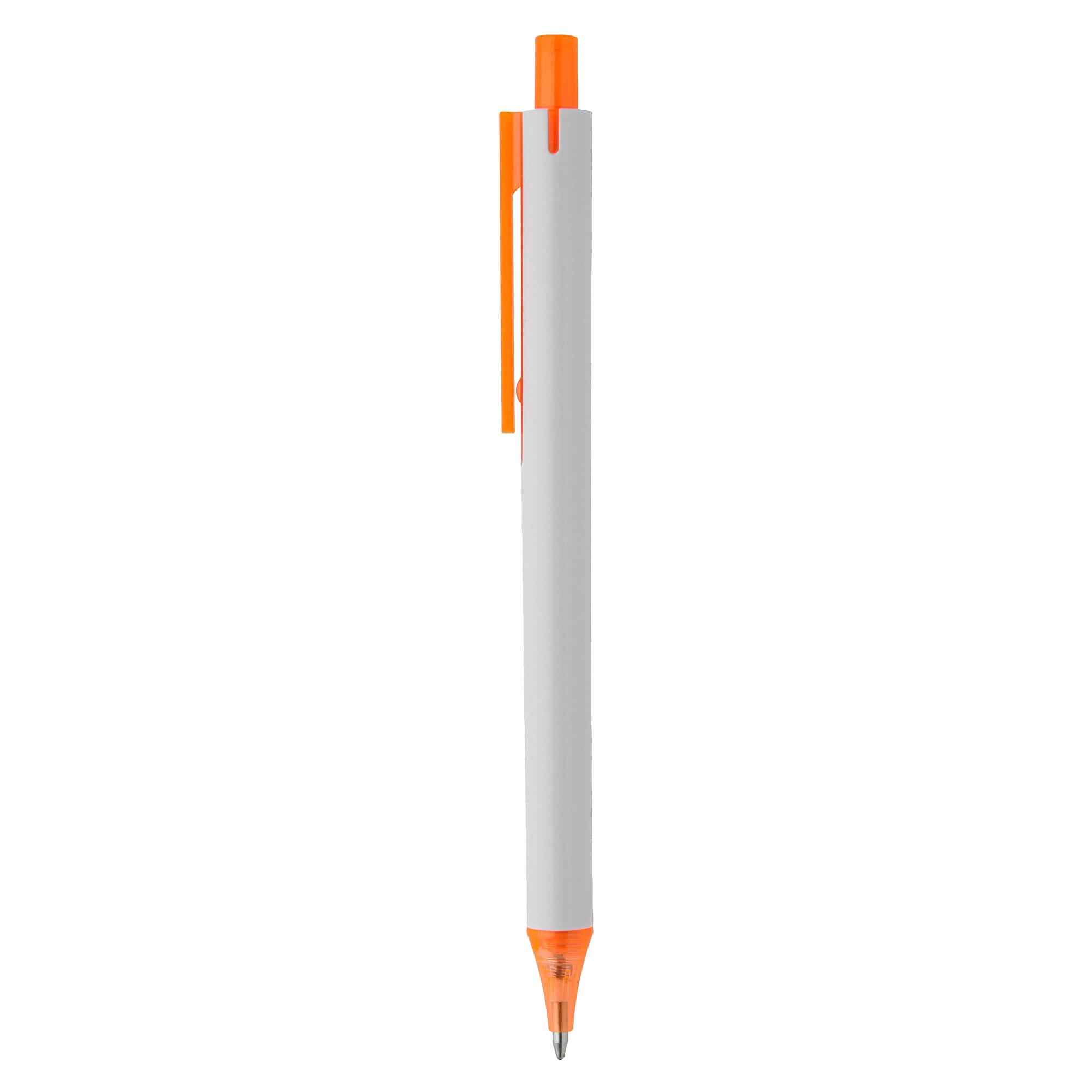 A plastic pen in white with orange accents and a clip. Features a simple, sleek design.