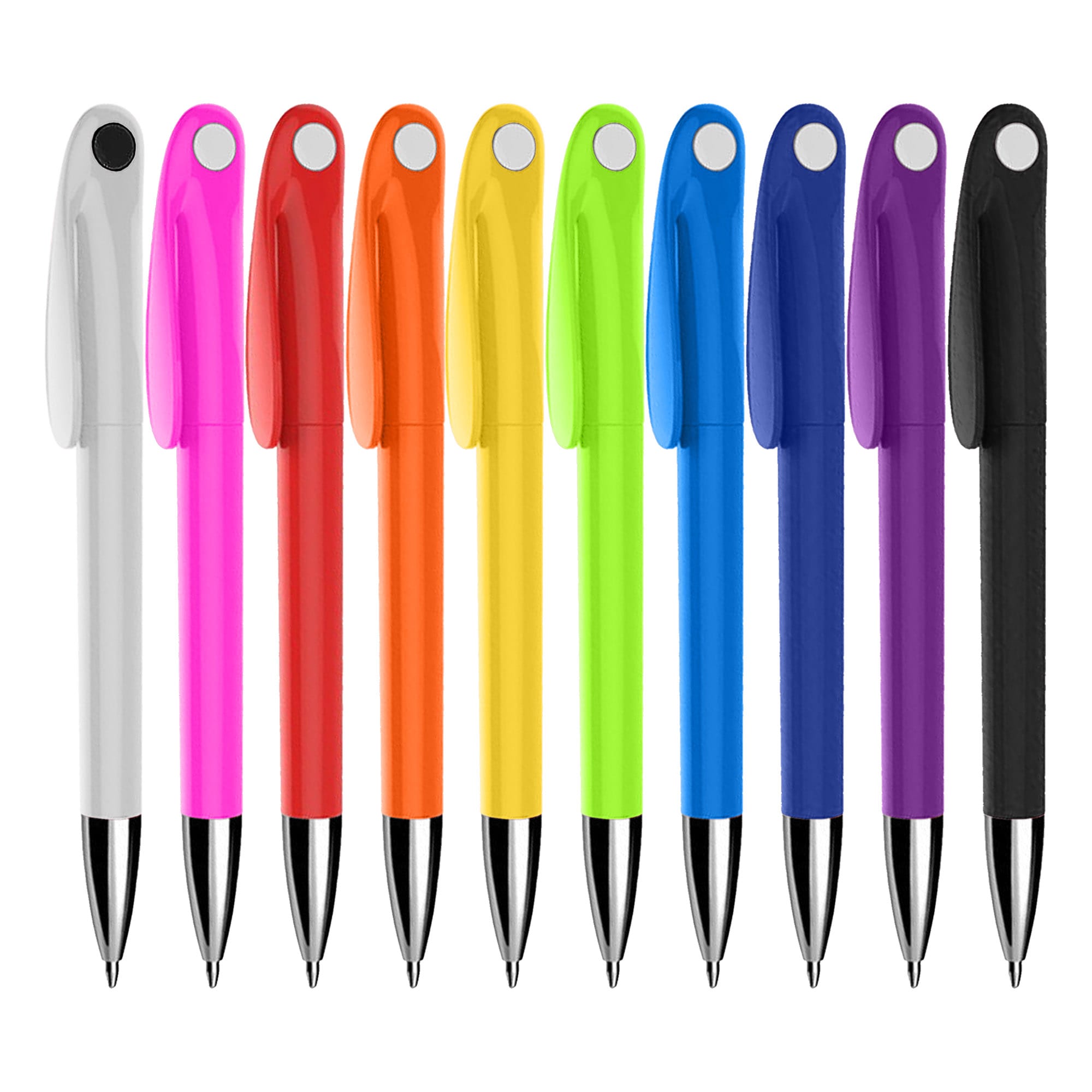 A collection of plastic pens in white, pink, red, orange, yellow, green, purple, and black, featuring clip tops and shiny ends.