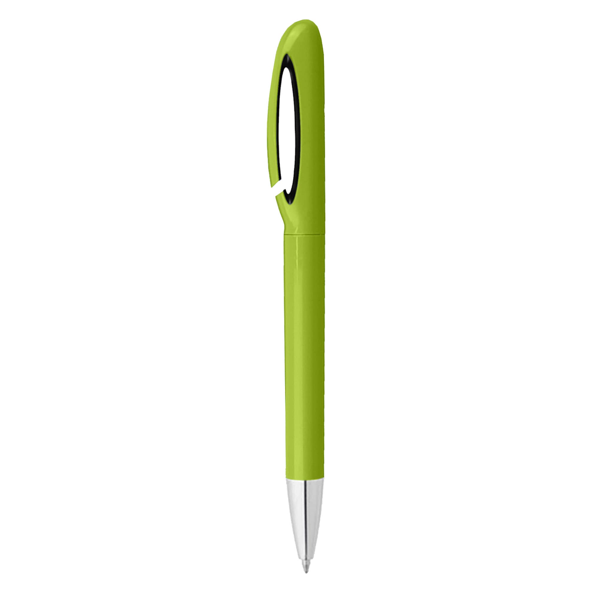 A vibrant green pen with a sleek design and a black accent. It features a clip for easy attachment.