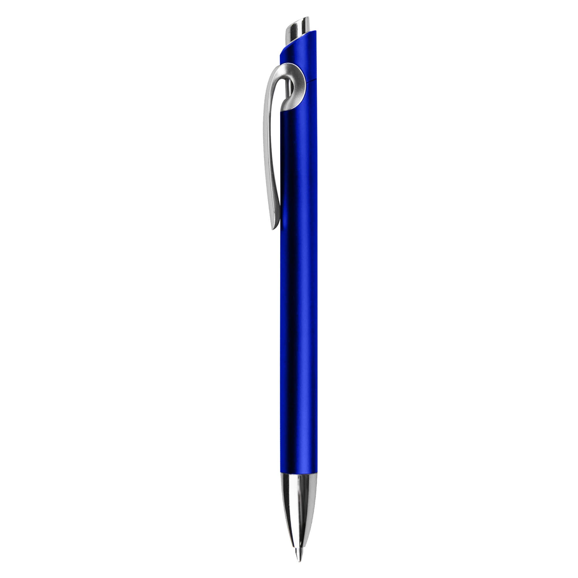 A blue plastic pen with a silver clip and a shiny finish. It features a branding logo near the top.