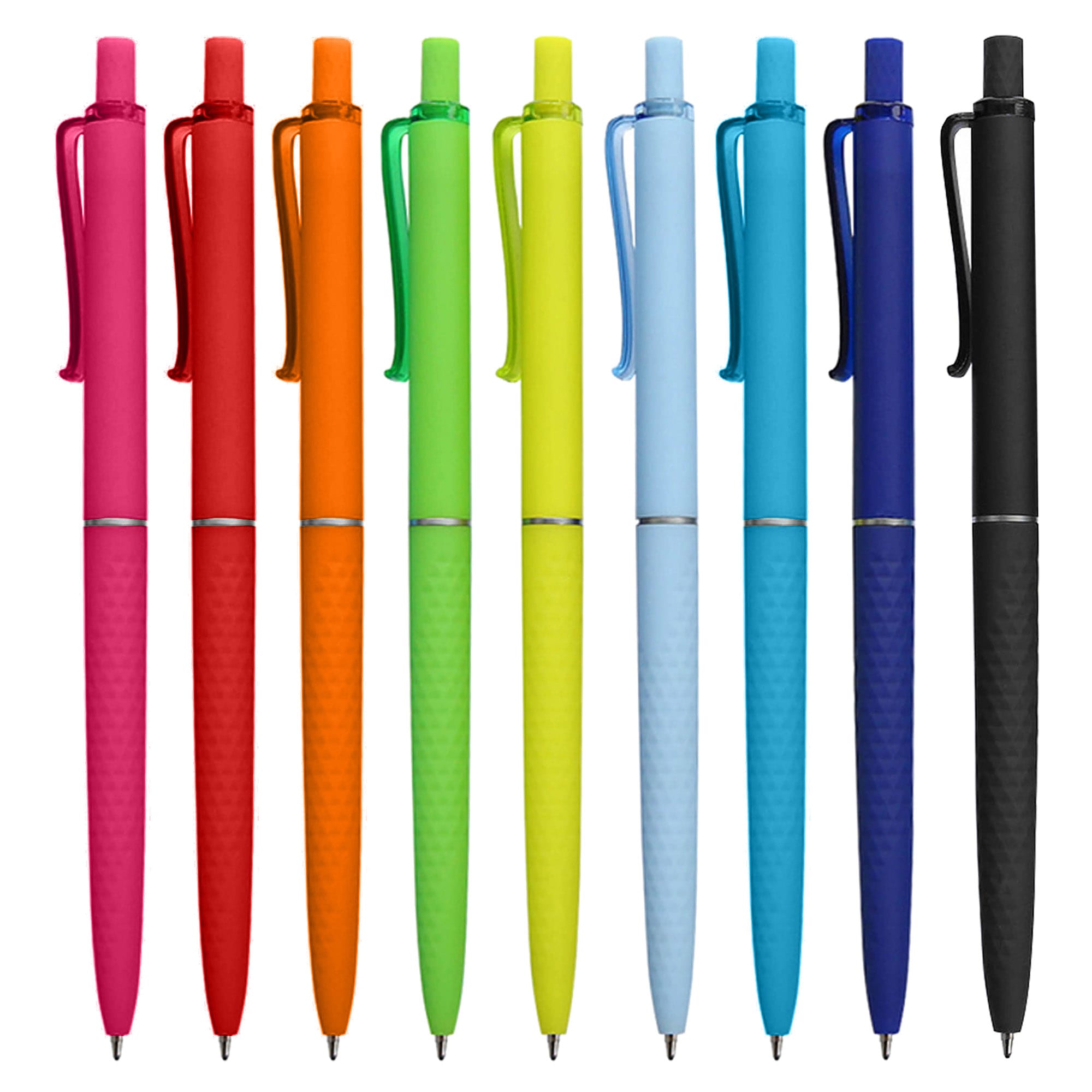 A row of plastic pens in pink, red, orange, green, yellow, blue, and black, featuring a logo on each pen.