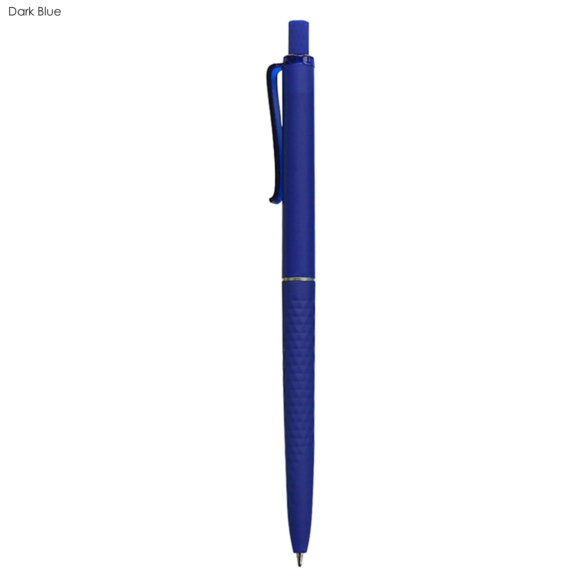 A dark blue plastic pen with a textured grip and a clip, featuring a logo.