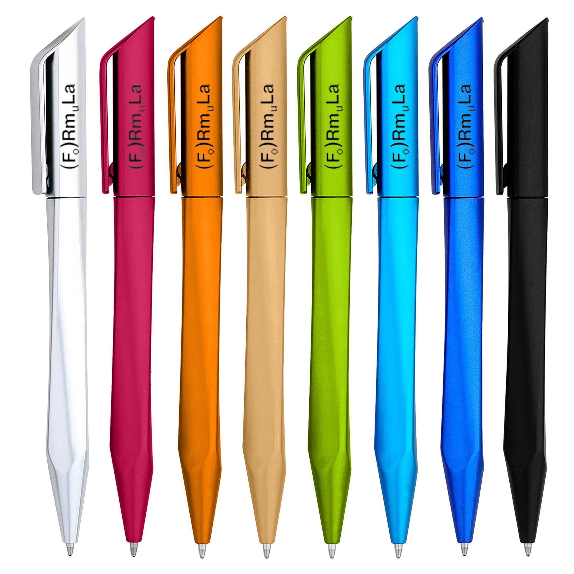 A collection of eight plastic pens in various colours: silver, magenta, orange, gold, green, blue, and black, with logos.