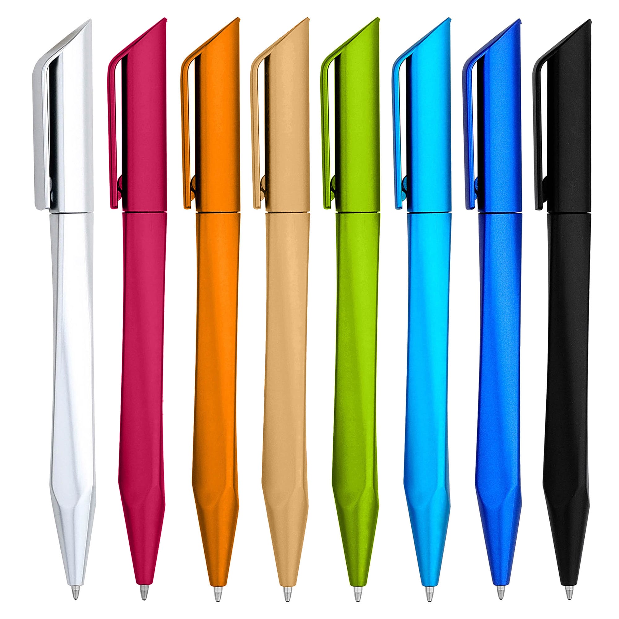 A collection of eight plastic pens in various colours: white, pink, orange, gold, green, blue, and black. Each has a clip and a logo.