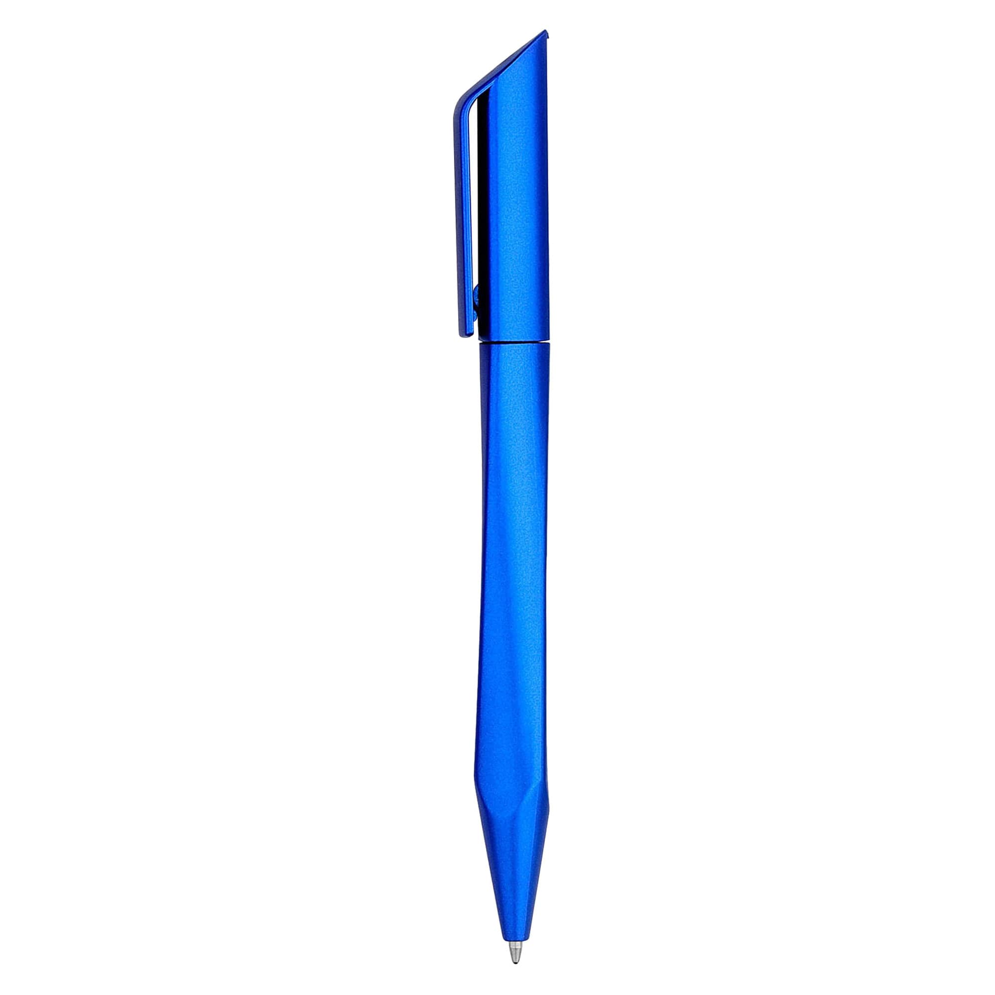 A blue plastic pen with a sleek design and a clip. It features a branding logo on the surface.