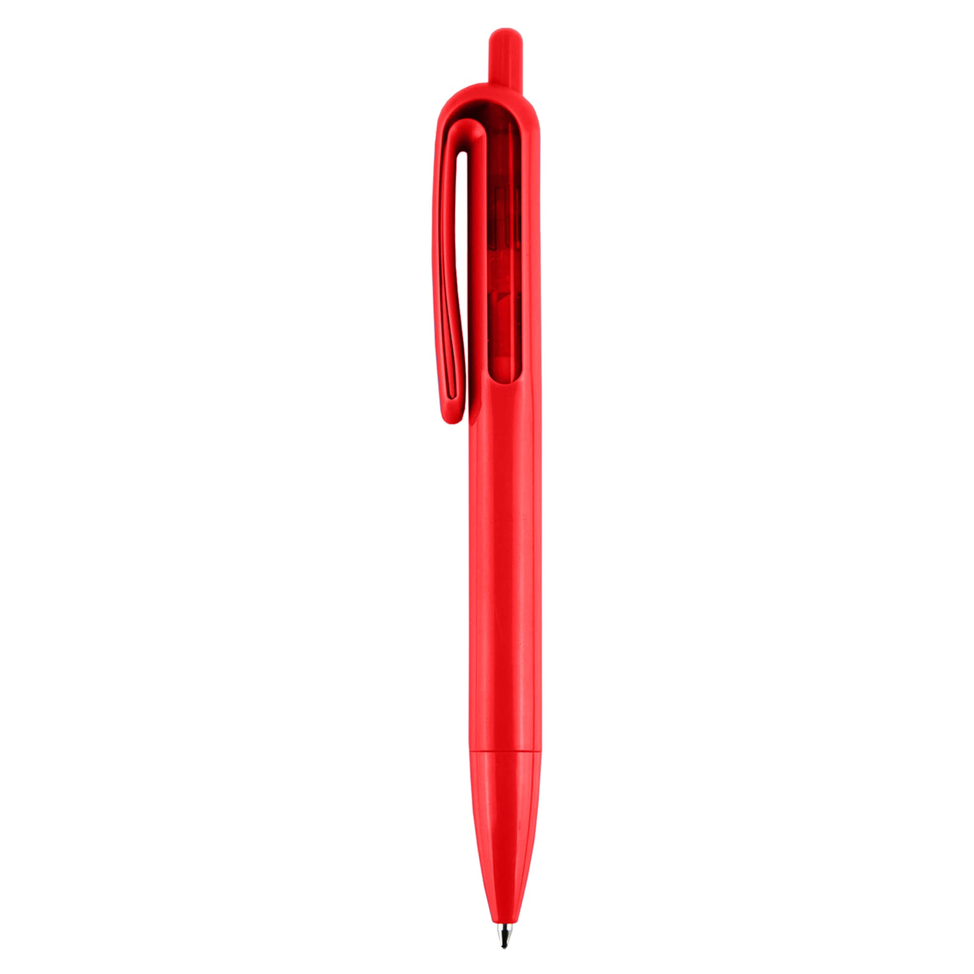 A red plastic pen with a clear section and a clip for easy attachment. It features a smooth barrel design.