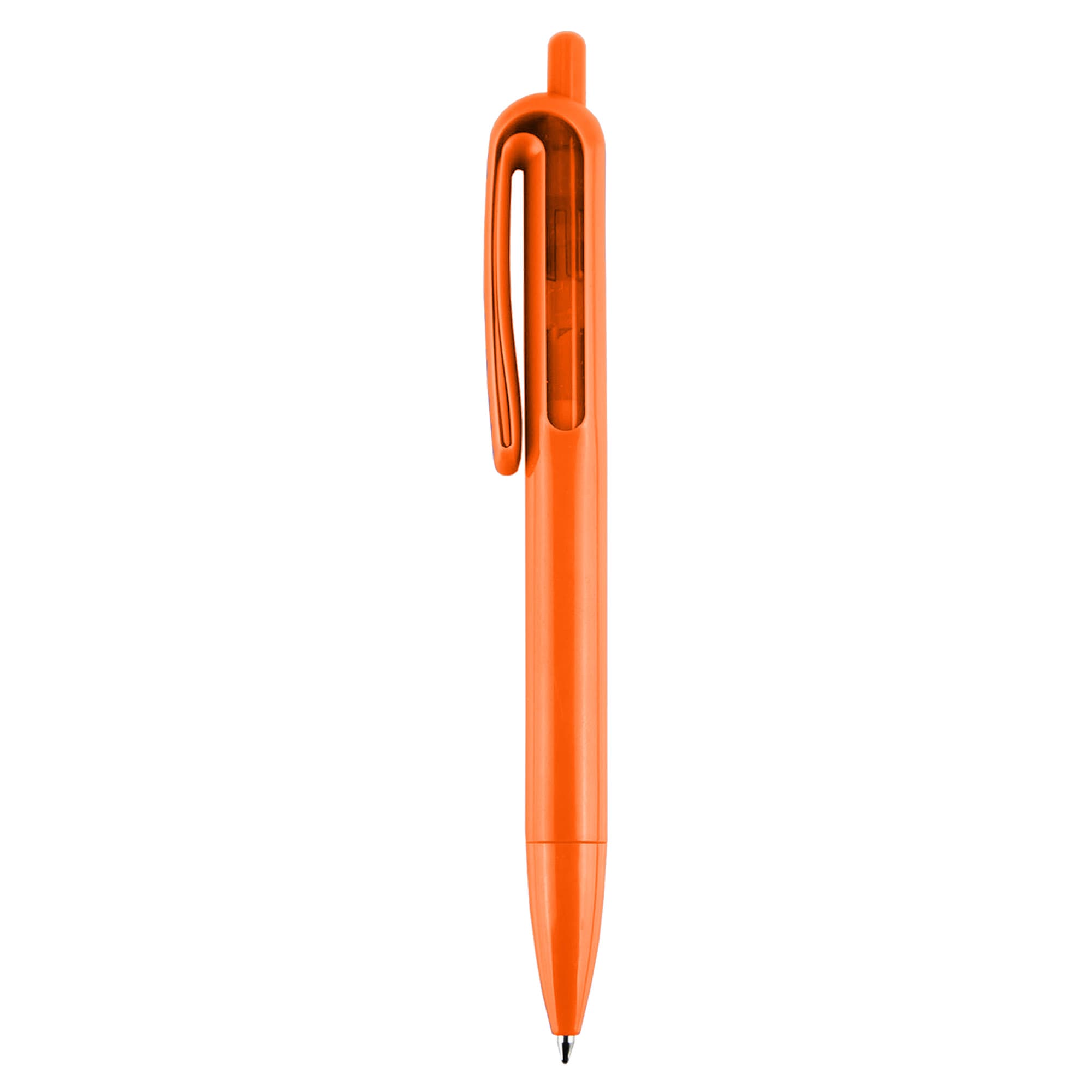 An orange plastic pen with a clear section and a clip at the top. It features a simple design.