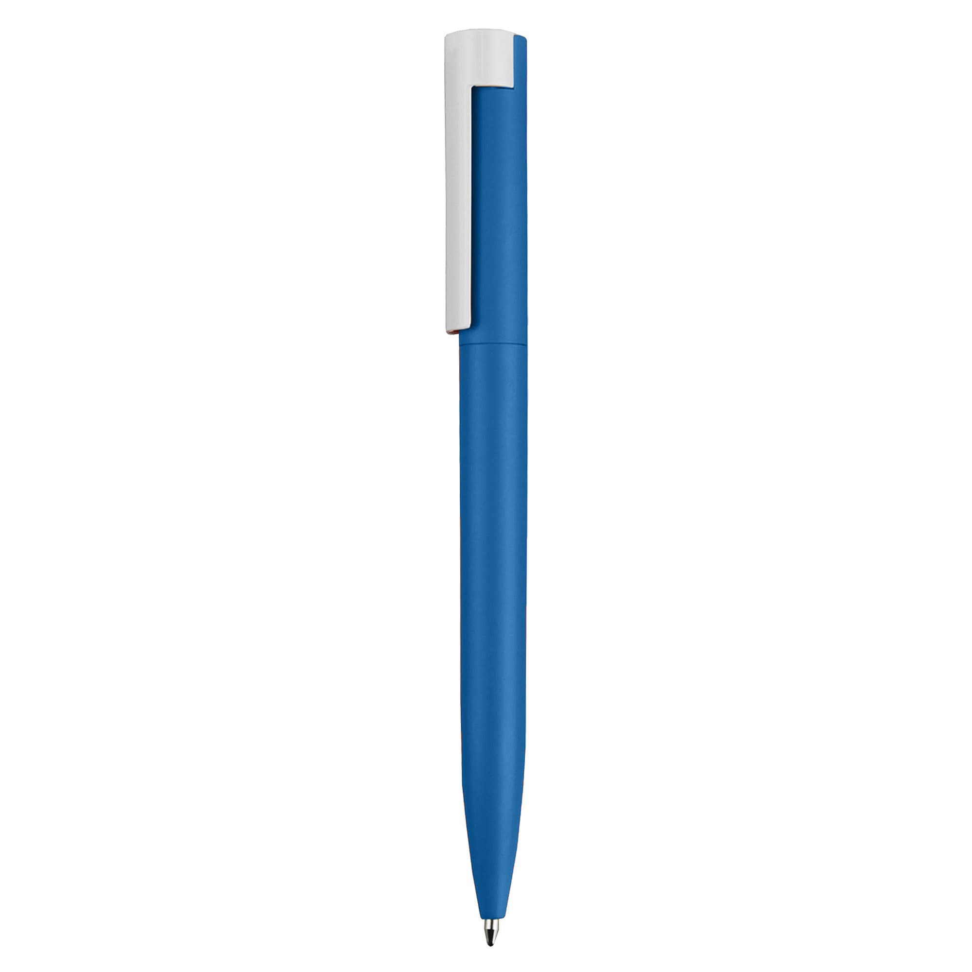 A blue pen with a white clip and a sleek design. The pen features a logo on its body.
