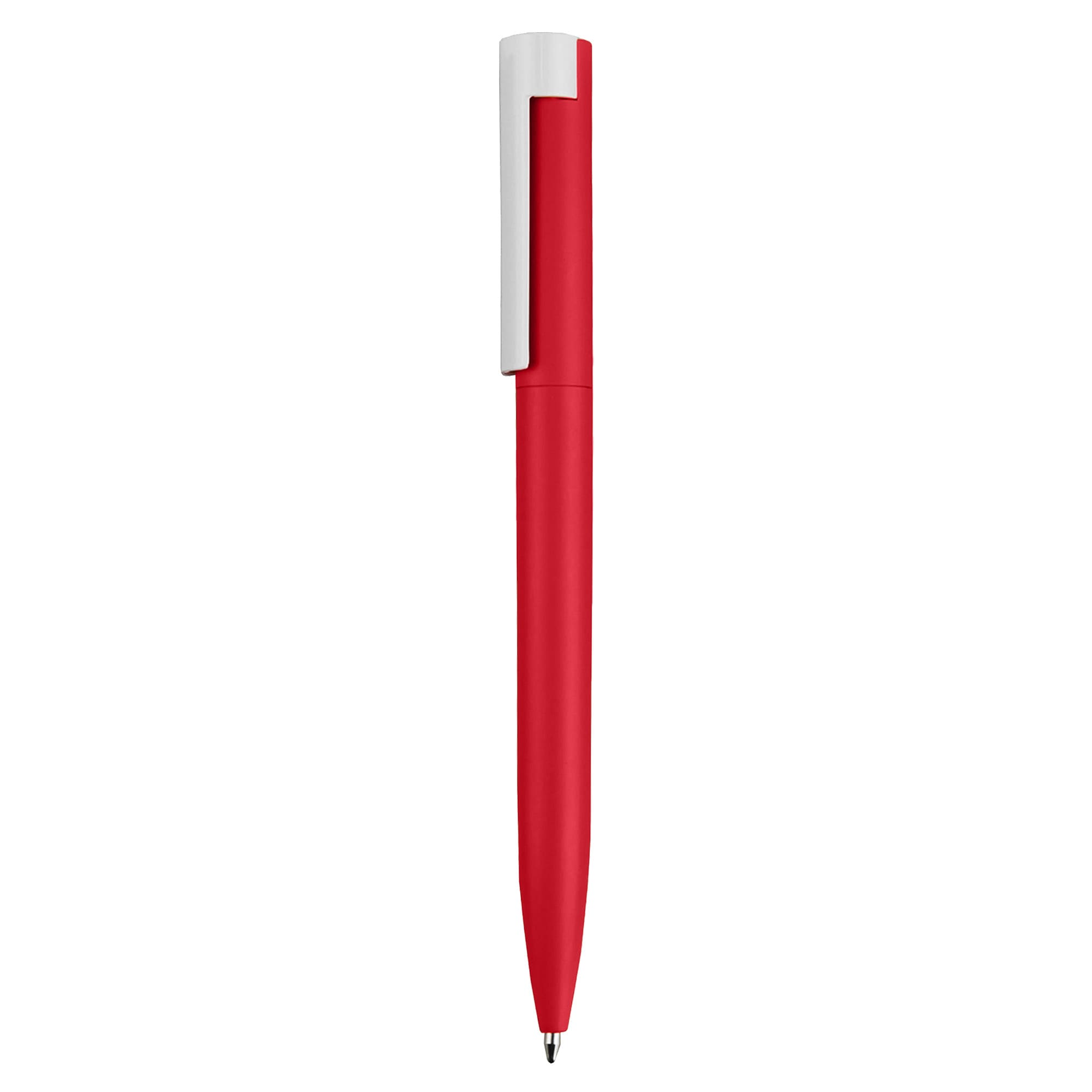 A red pen with a white clip and barrel, featuring a simple, smooth design. It has a logo on the body.