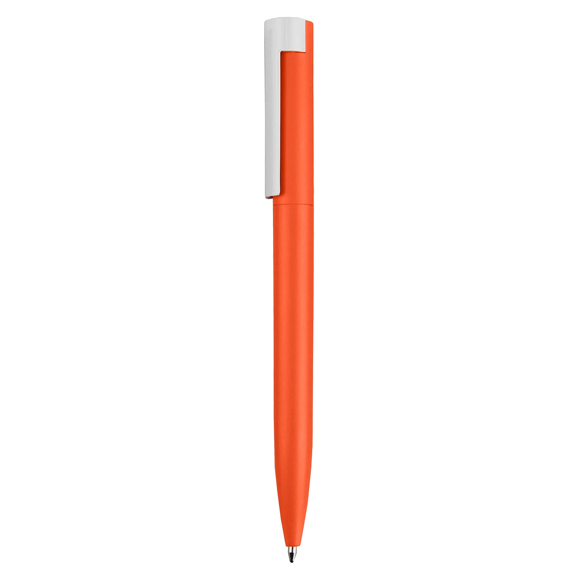 An orange pen with a white clip, featuring a sleek design and a rounded tip. It has a logo on the side.