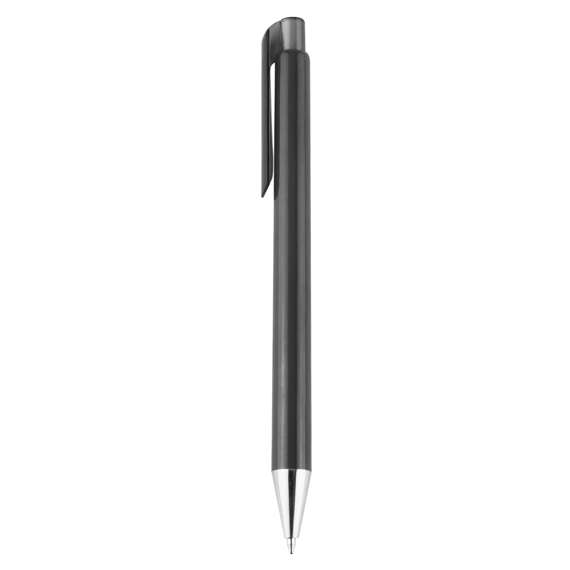 A black plastic pen with a silver tip and clip, featuring a sleek design and a logo.