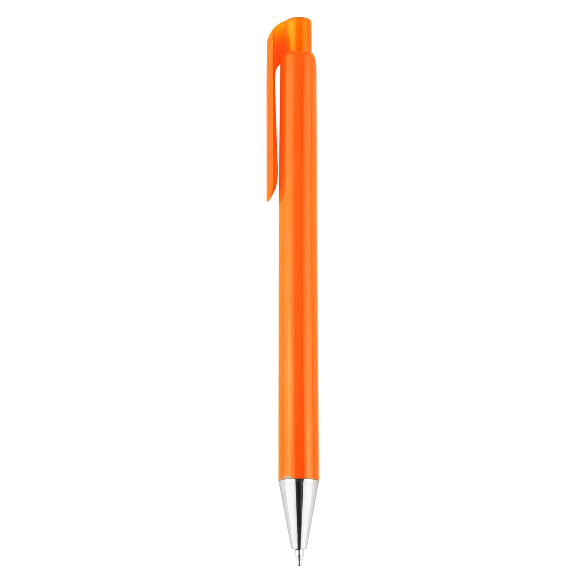 An orange plastic pen with a shiny silver tip and a clip for attachment. It features a simple design and has a logo.