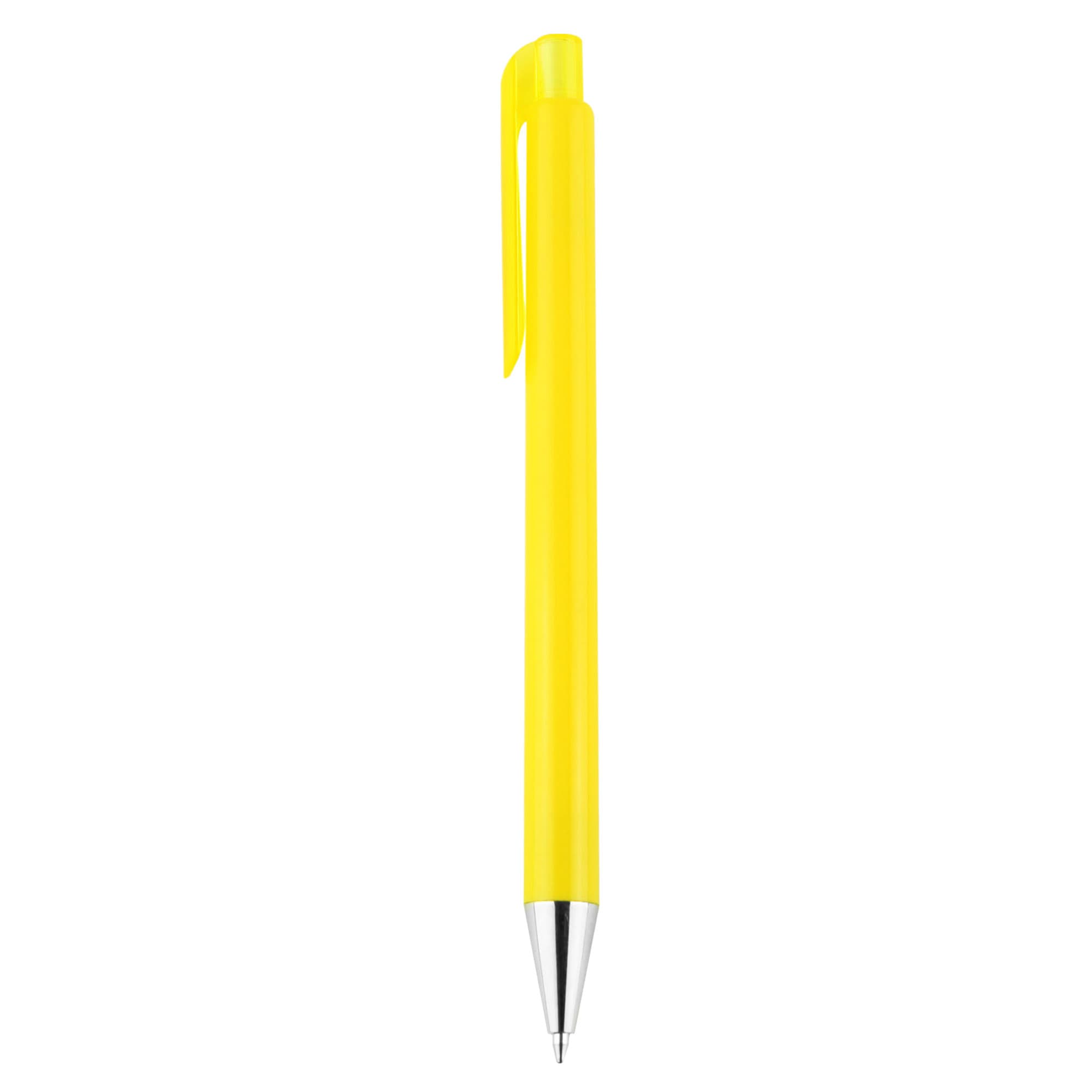 A bright yellow plastic pen with a silver tip and a clip. It features a logo on the barrel.