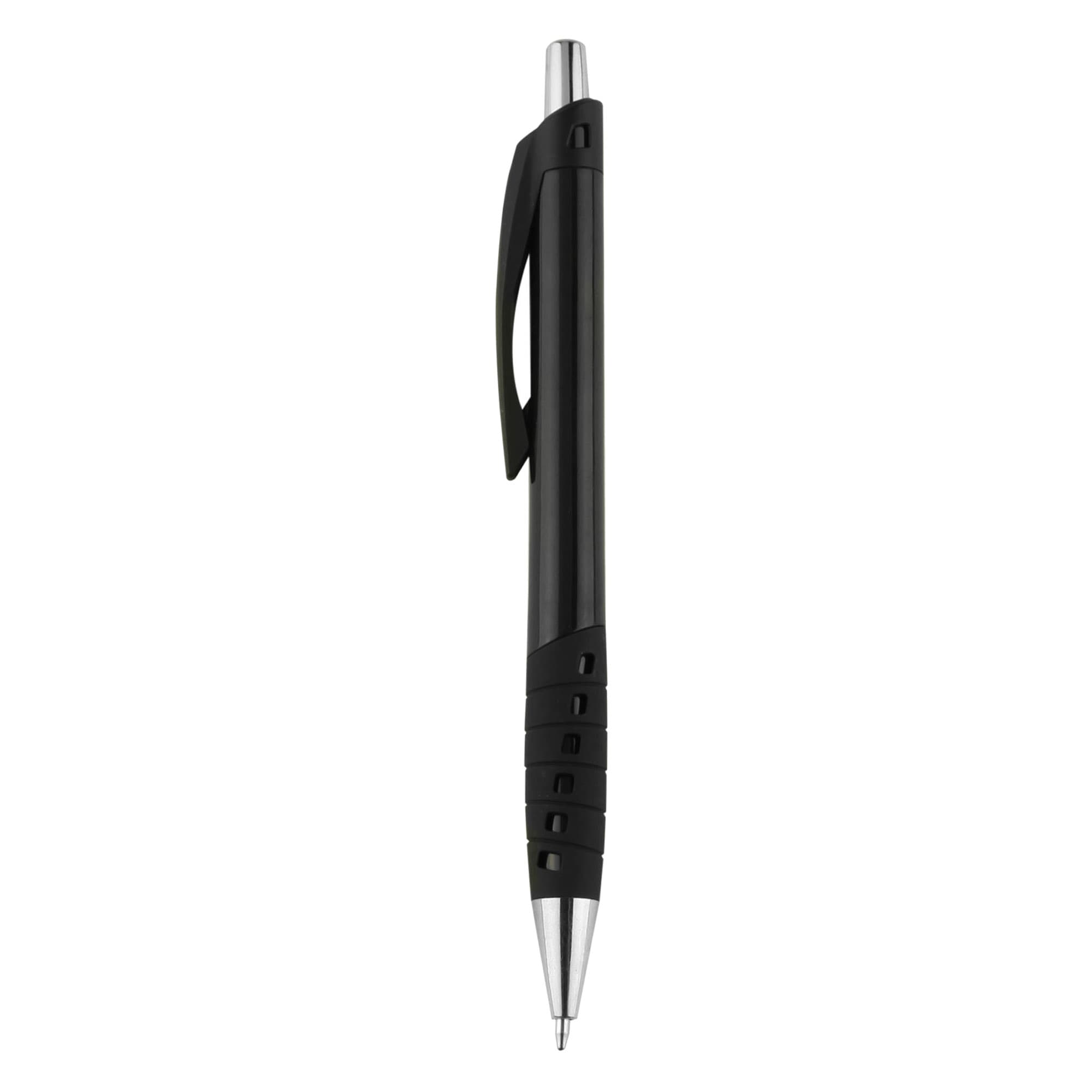 A black plastic pen with a contoured grip and a silver tip. The pen features a logo on its body.