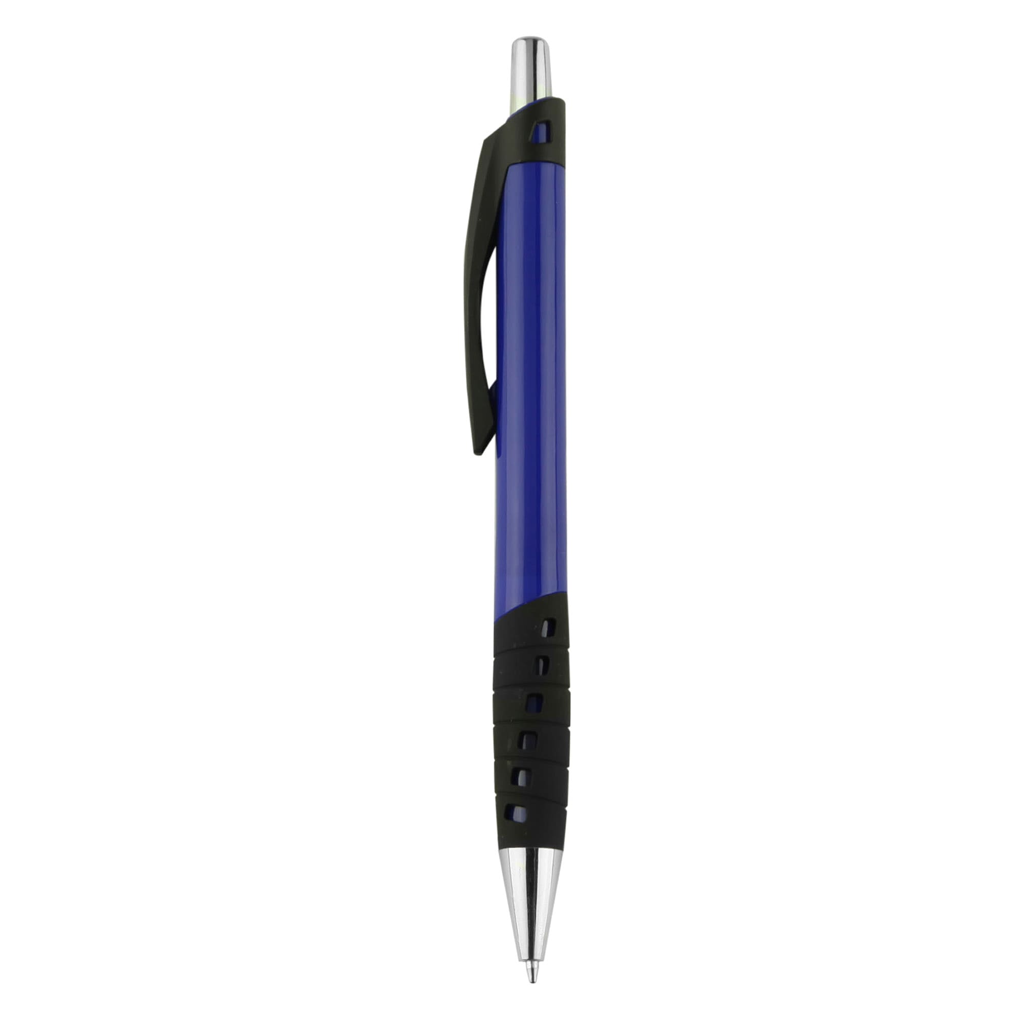A blue plastic pen with a black grip and silver accents, featuring a logo on the barrel.