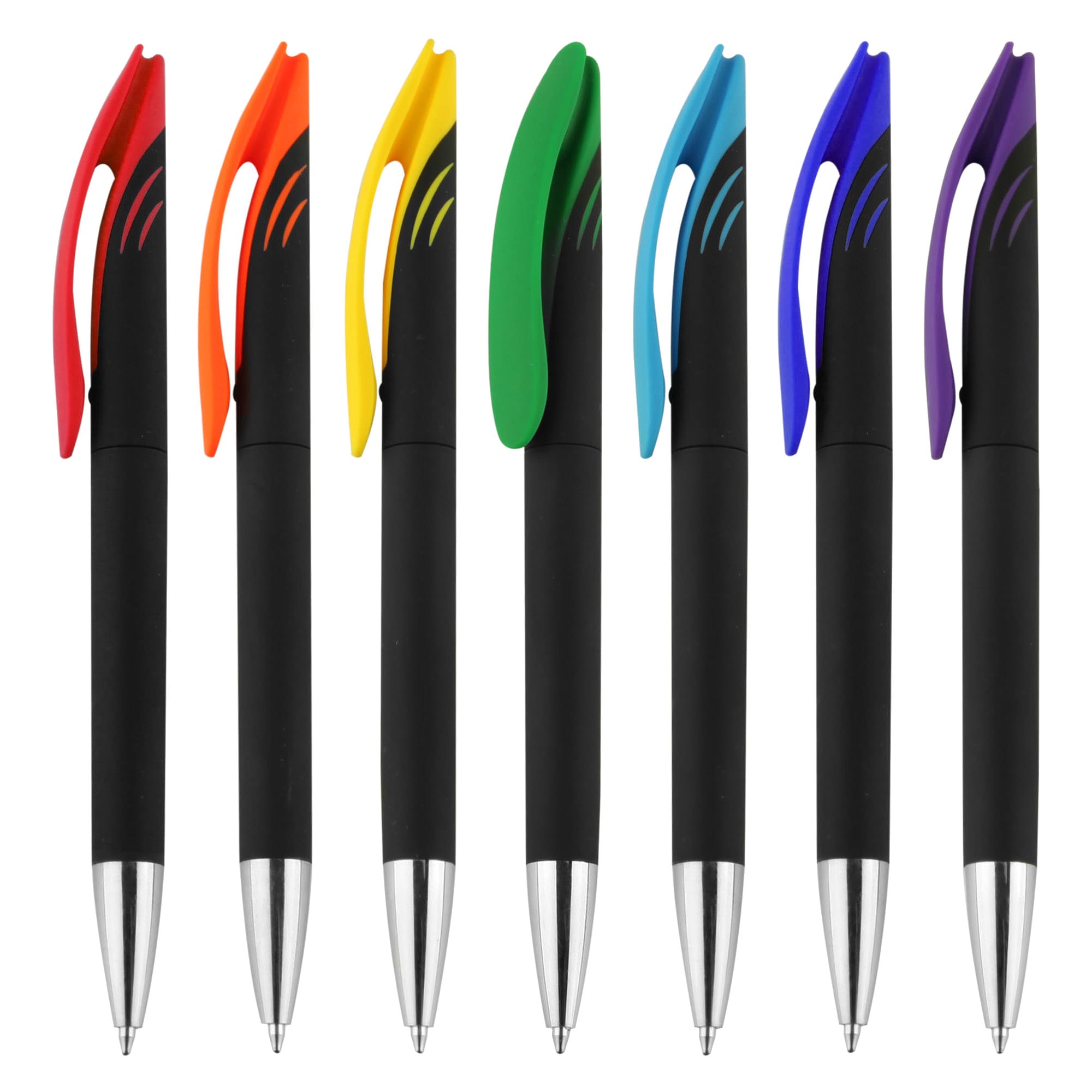 A set of plastic pens in red, yellow, green, blue, and purple with black grips and silver tips, featuring branding.