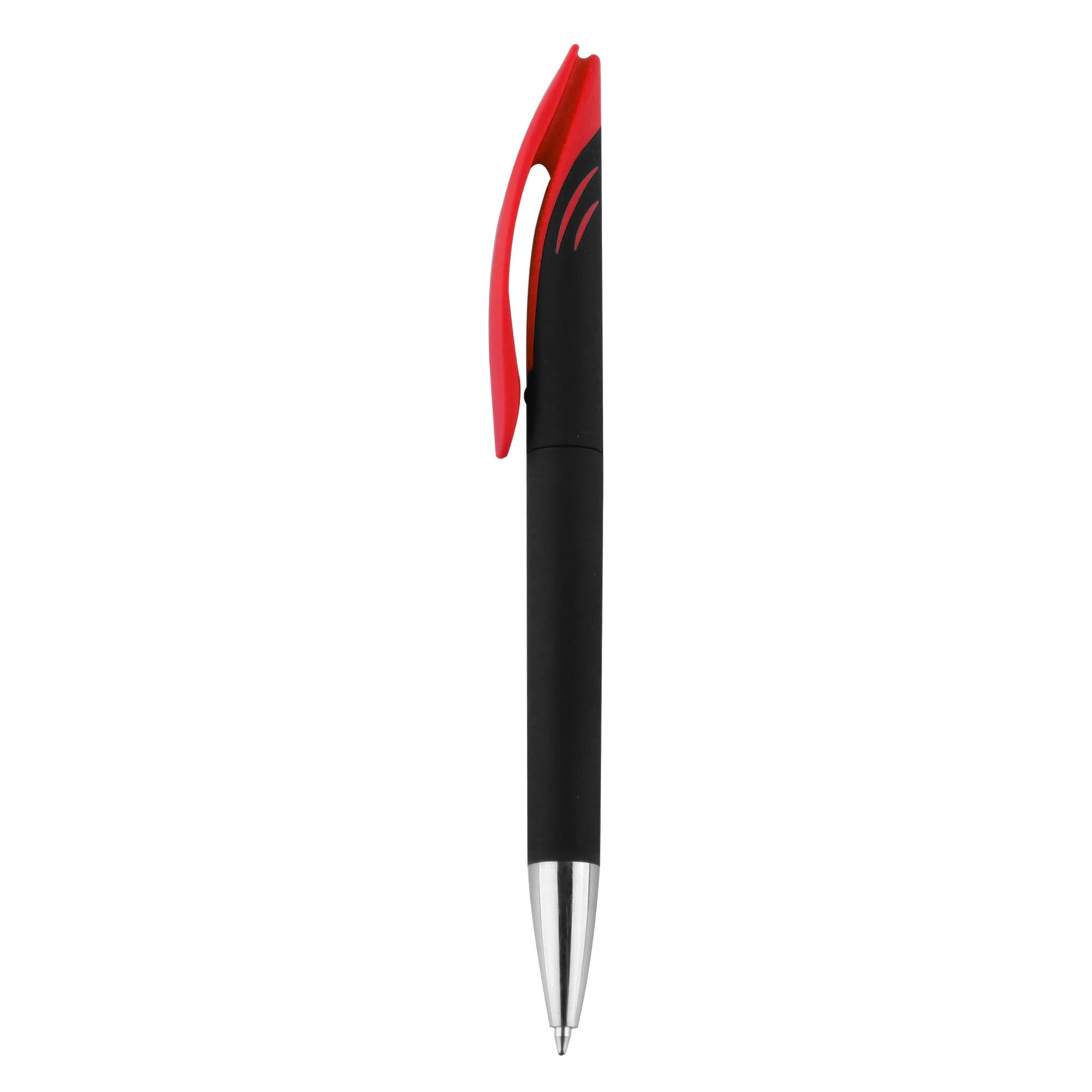 A plastic pen featuring a black barrel, red grip, and silver trim, complemented by a logo on the surface.
