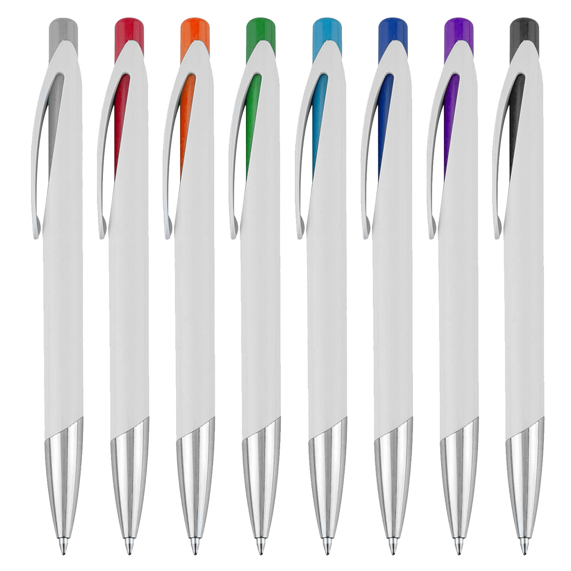 A collection of eight plastic pens with white bodies and coloured accents: orange, green, blue, purple, and black. Each has a silver tip.