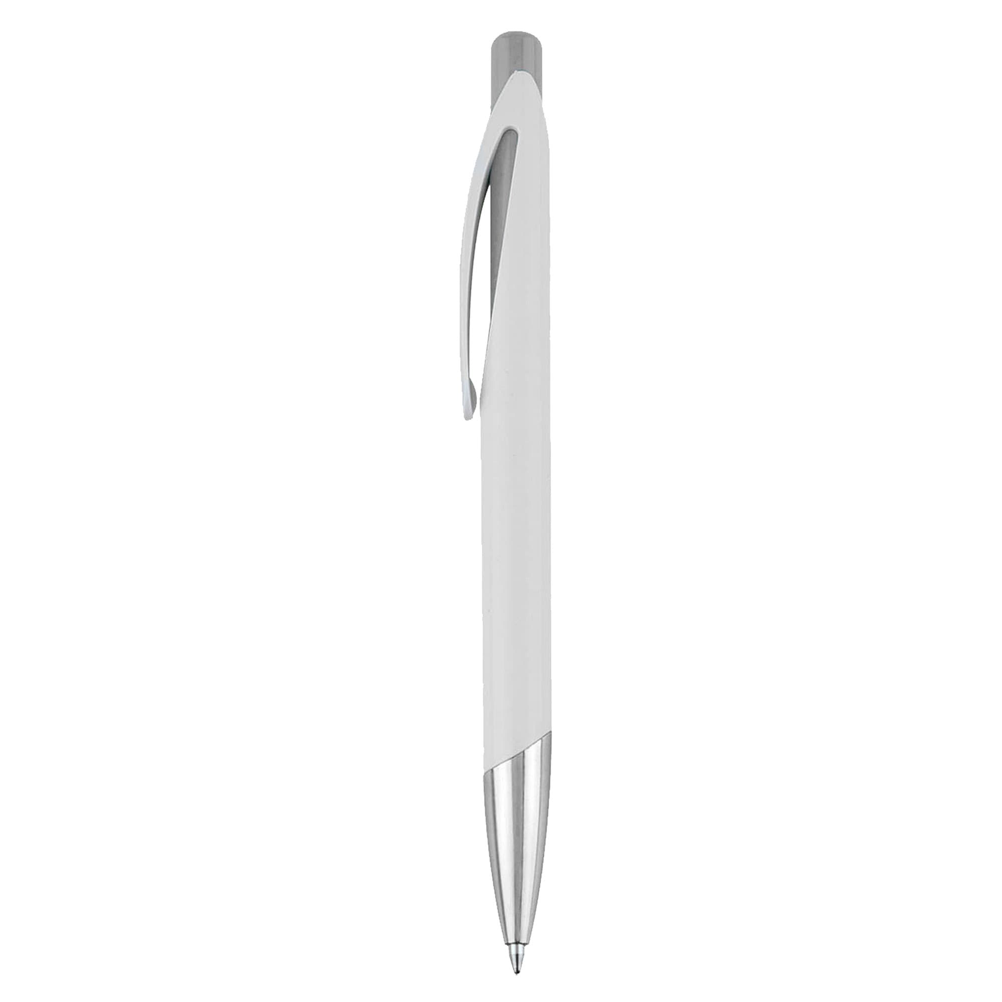 A plastic pen in white with a silver clip and tip, featuring a smooth design and a logo.