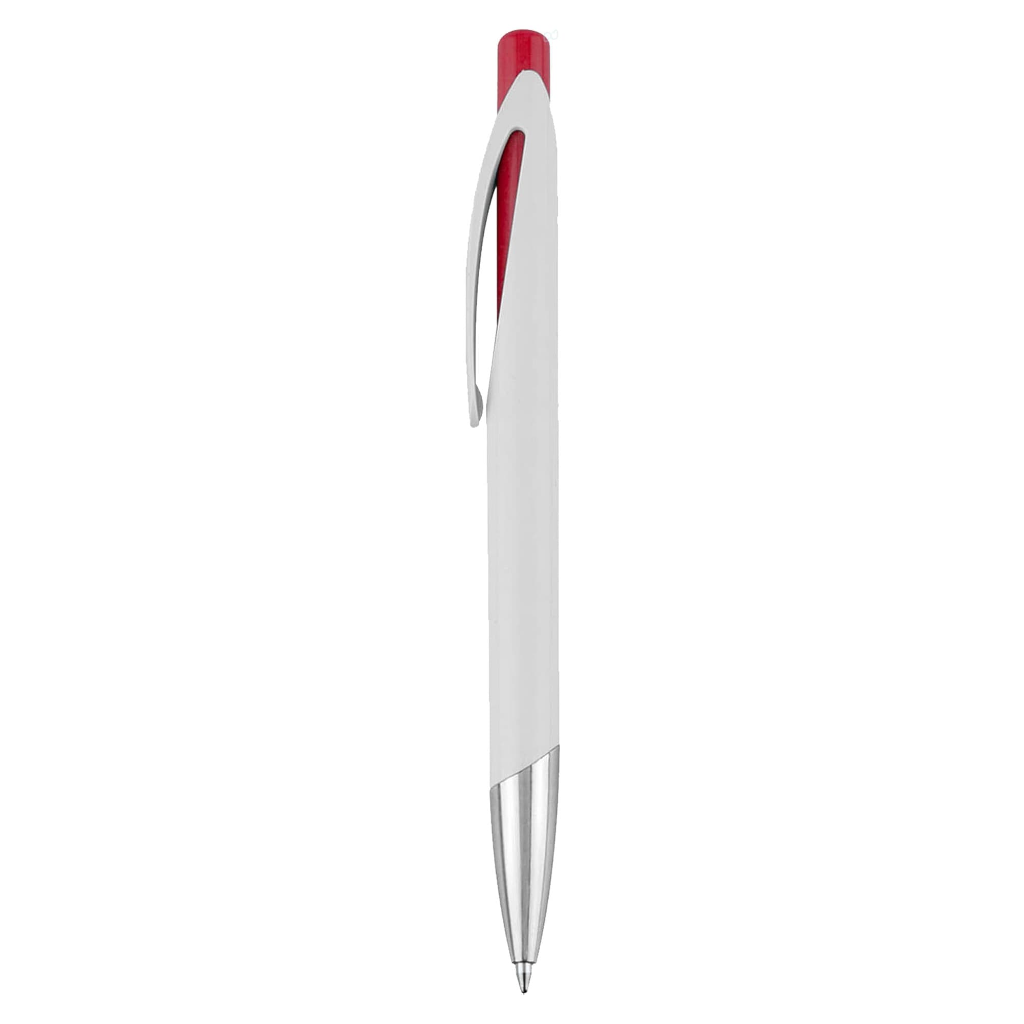 A plastic pen in white with a red top and silver accents. It features a branding logo.