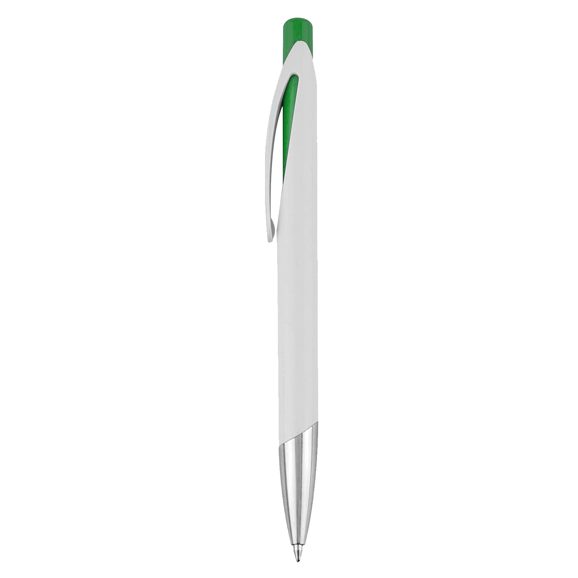 A white plastic pen with a green accent, featuring a silver clip and tip, and a logo on the barrel.