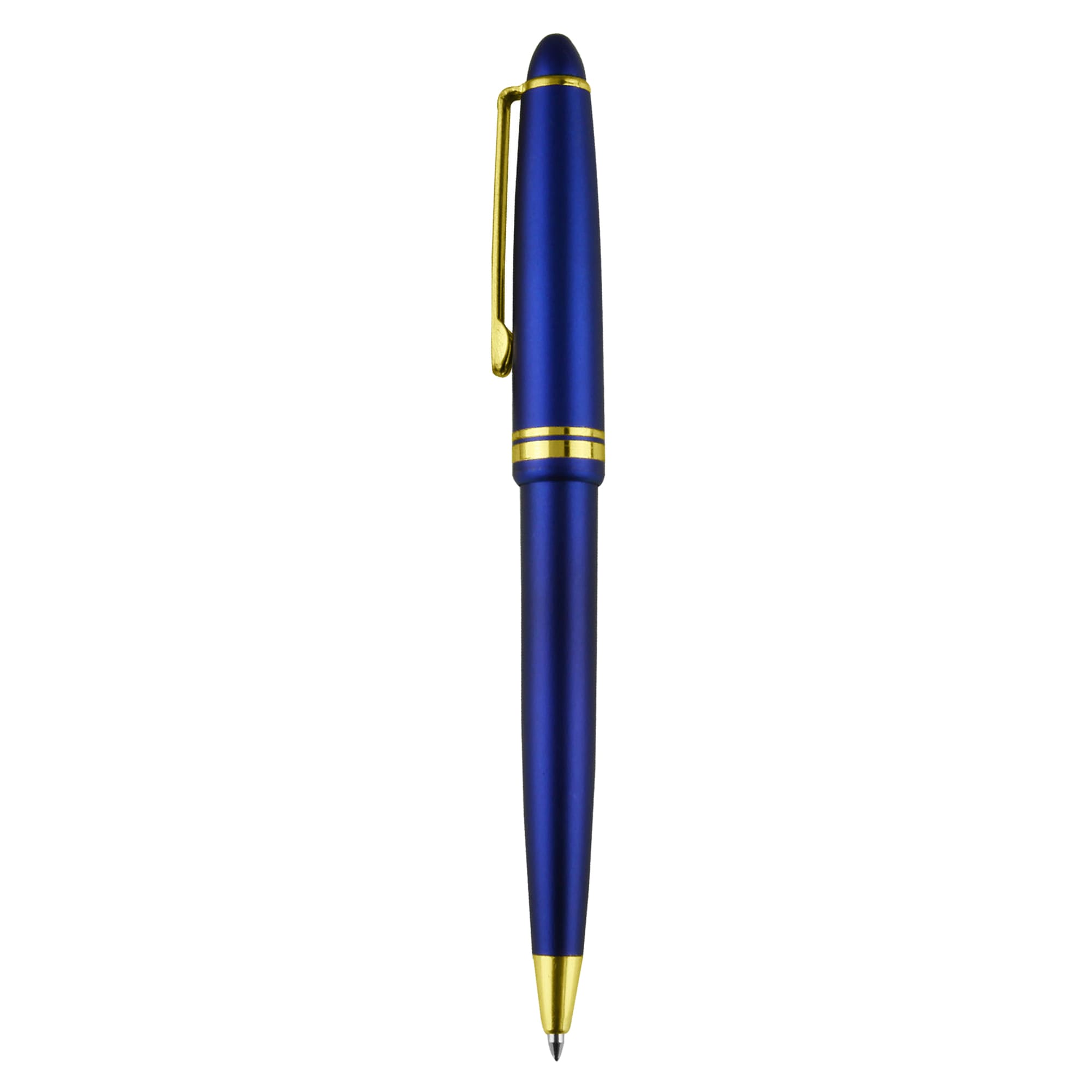 A blue plastic pen with gold accents and a clip, featuring a logo on its barrel.