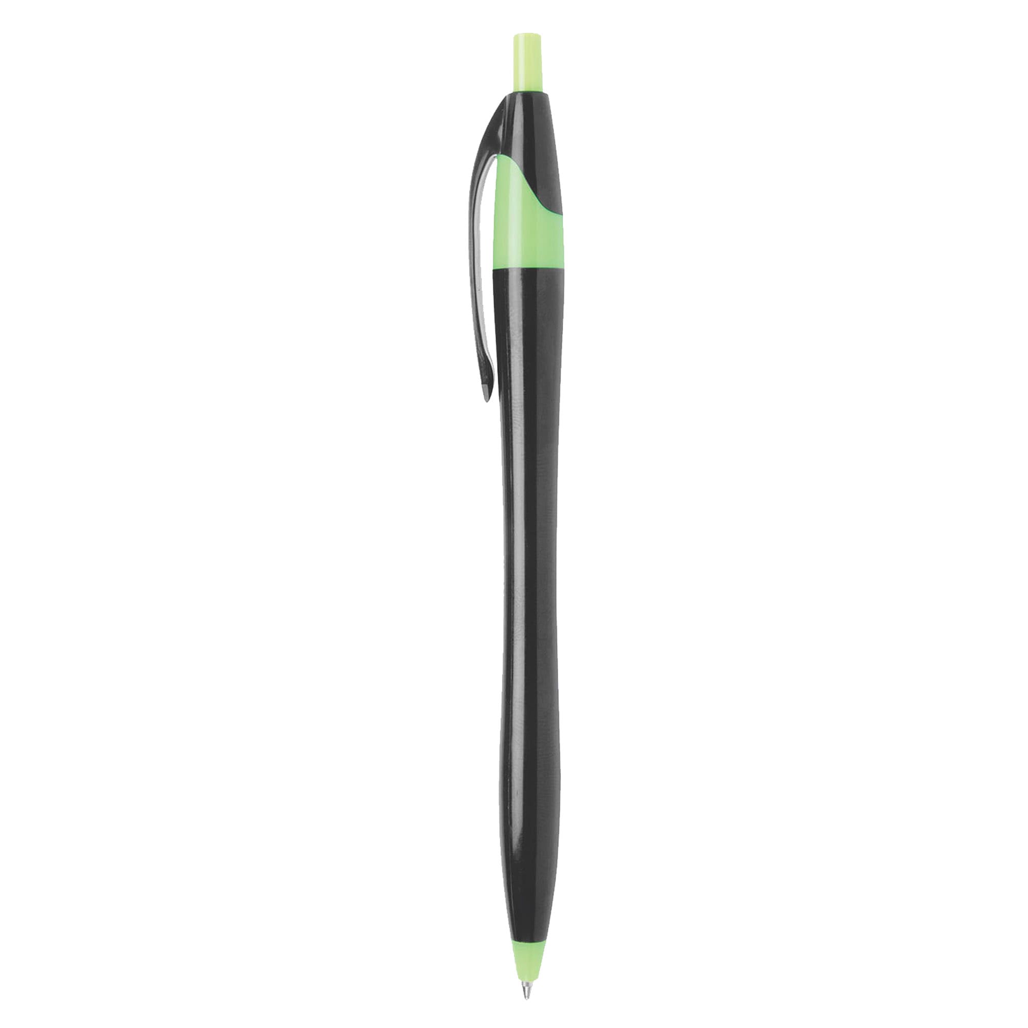 A black plastic pen with a green clip and tip, featuring a branding logo.