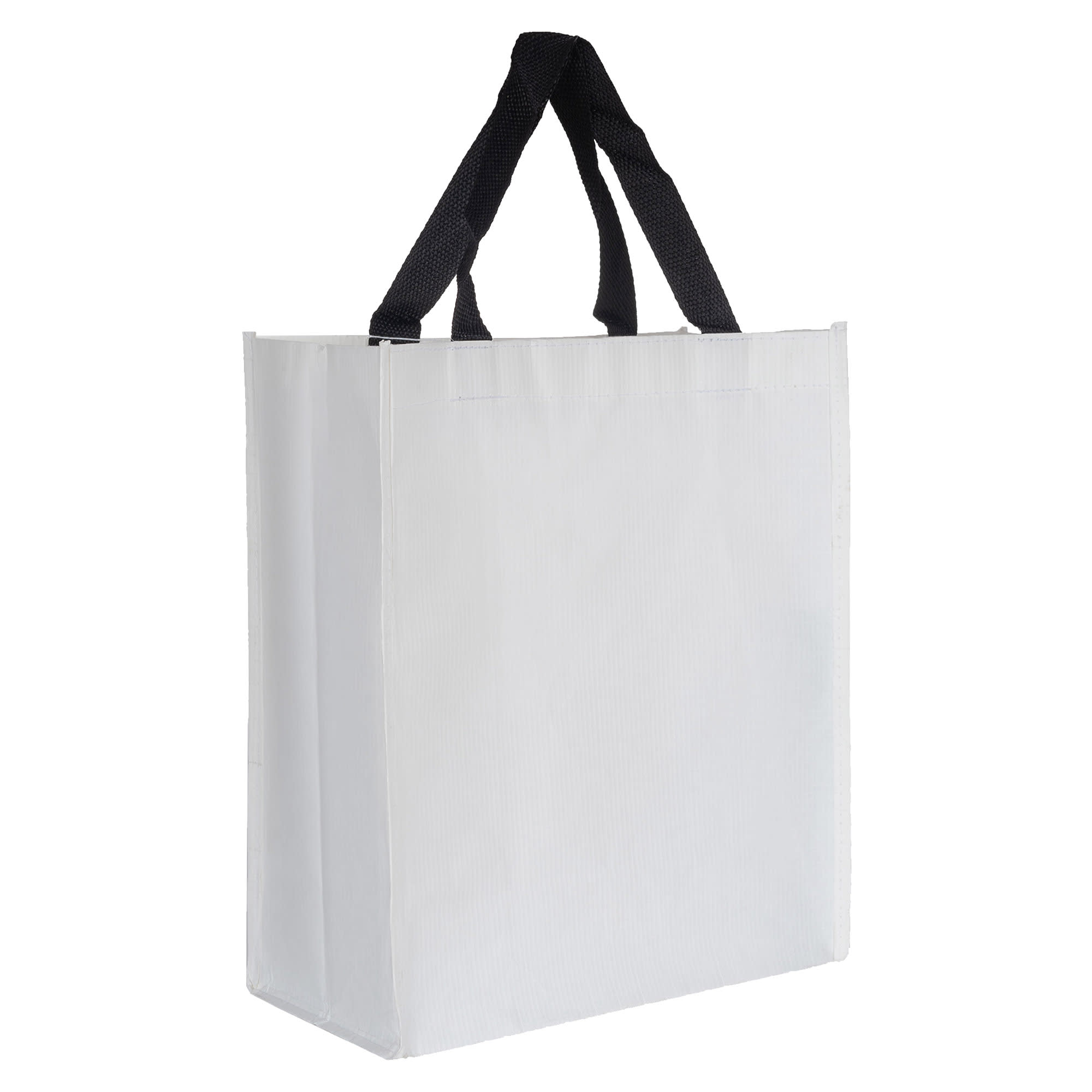 A white paper bag with black handles and a logo on one side, featuring a simple and sleek design.