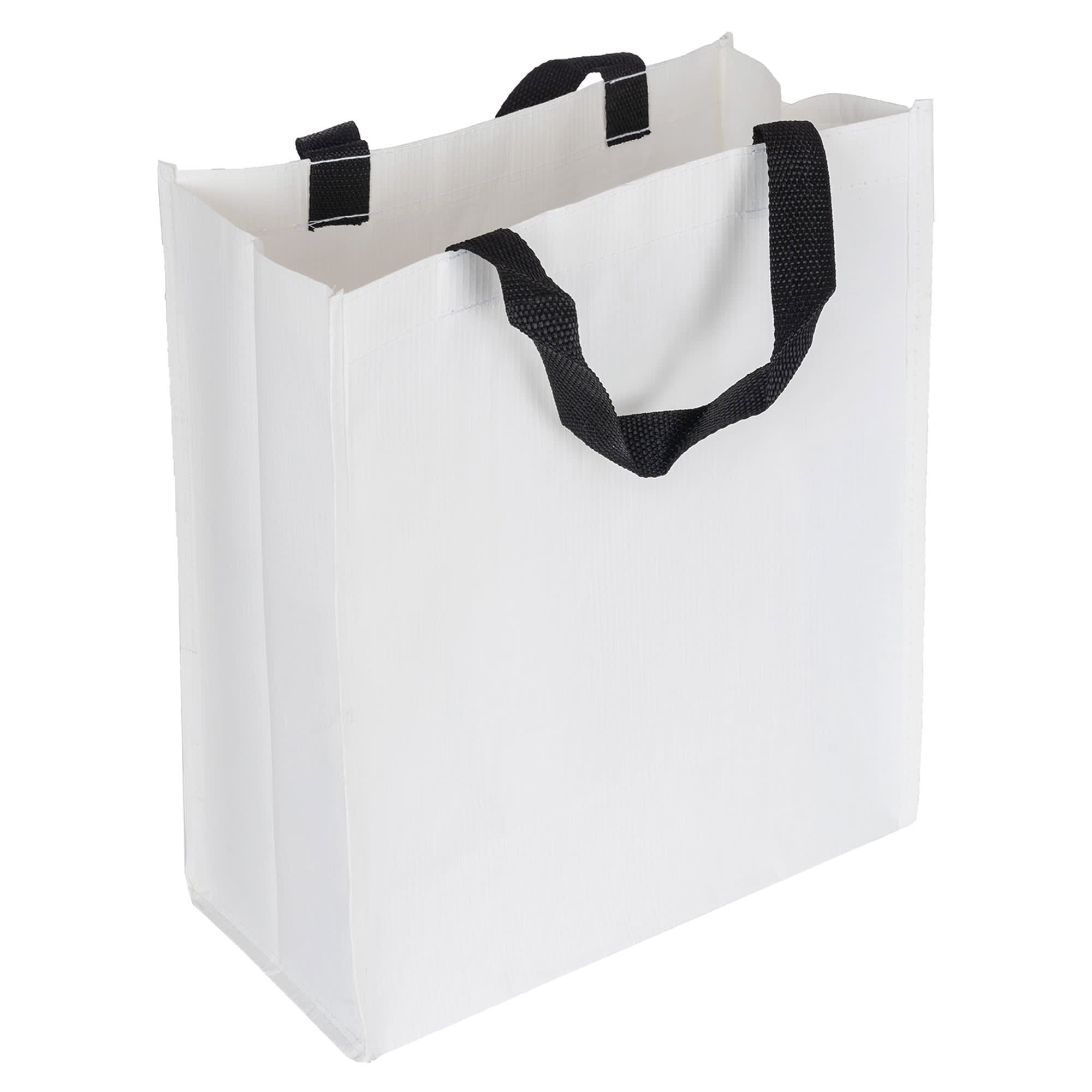 A white paper bag with black handles, featuring a simple design and a branding logo.