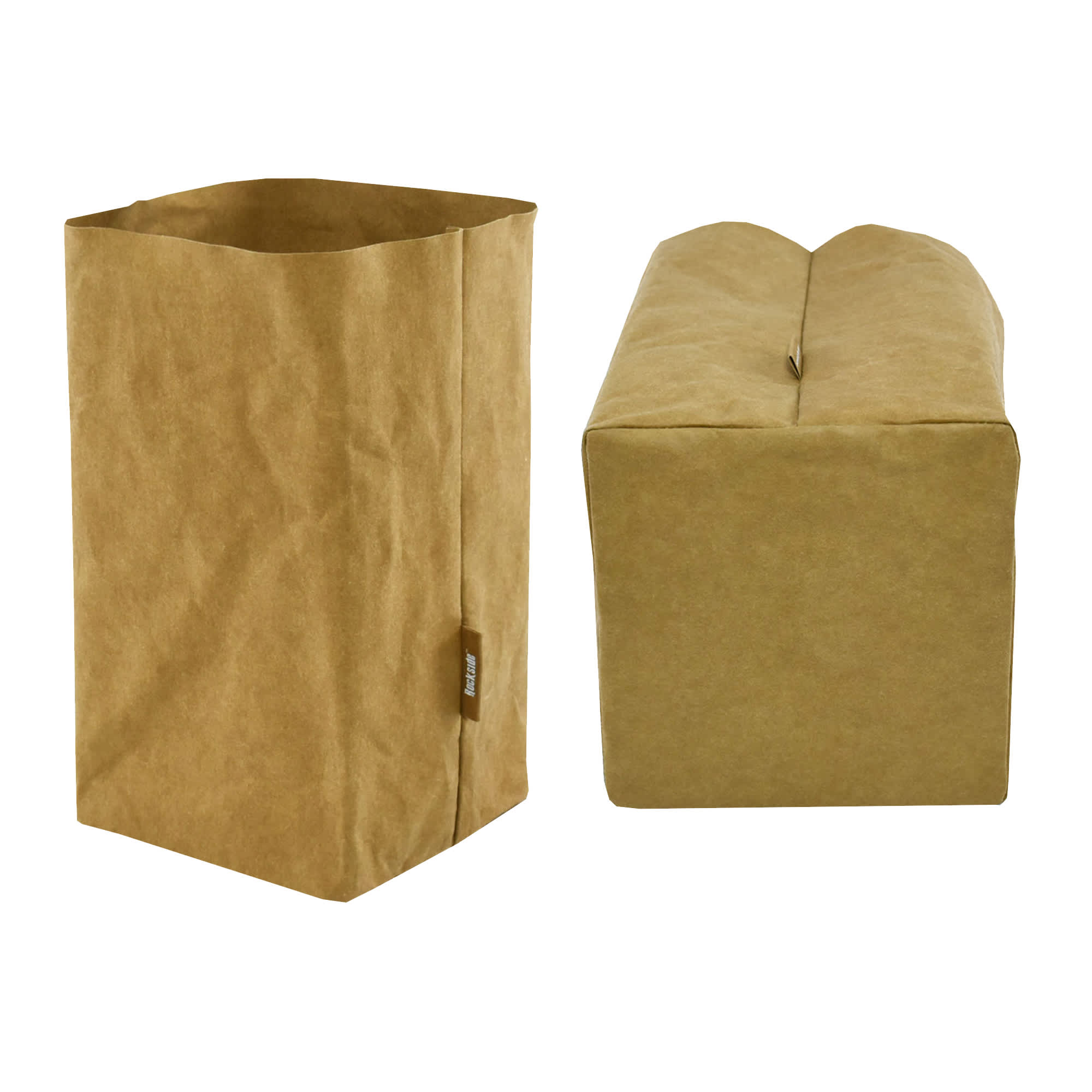 A large kraft paper storage bag in a brown hue, featuring a simple design and one side logo.