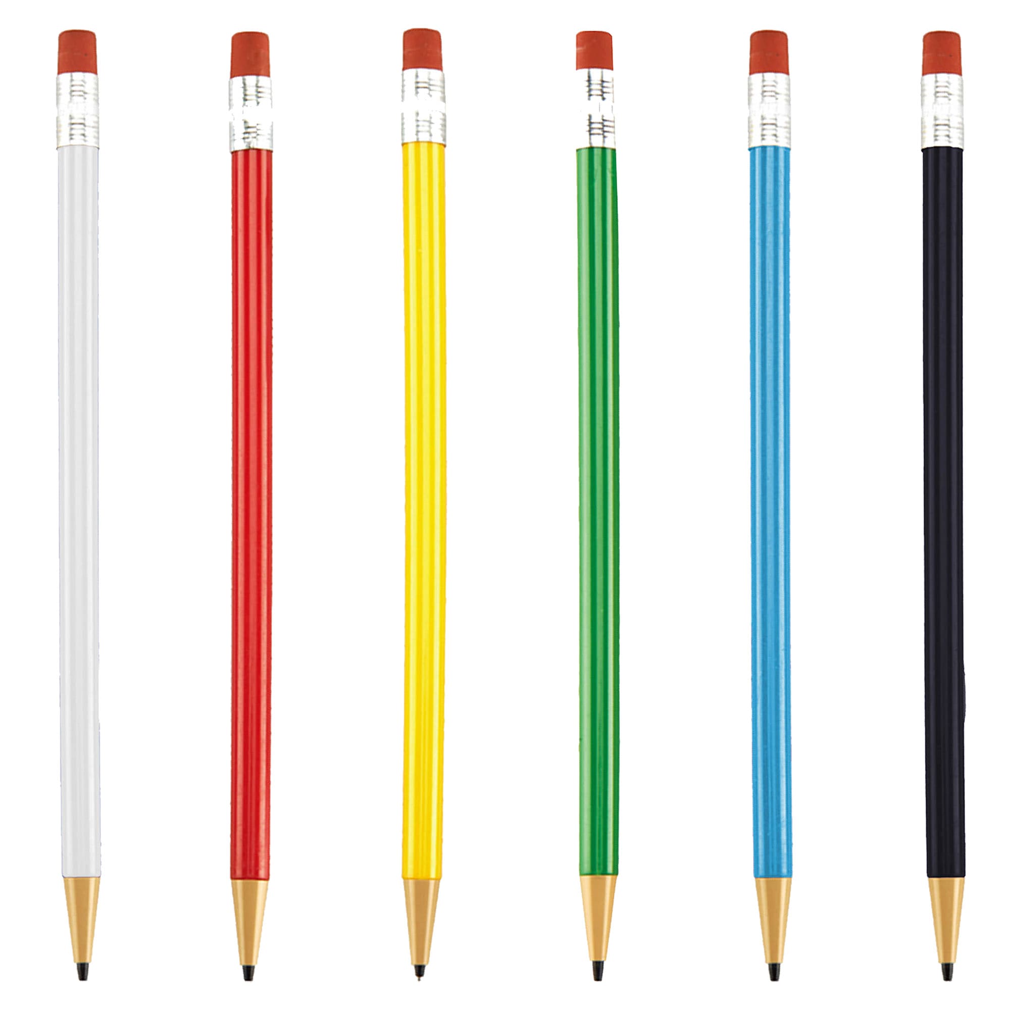 A collection of round mechanical pencils in white, red, yellow, green, blue, and black, featuring erasers and a logo.