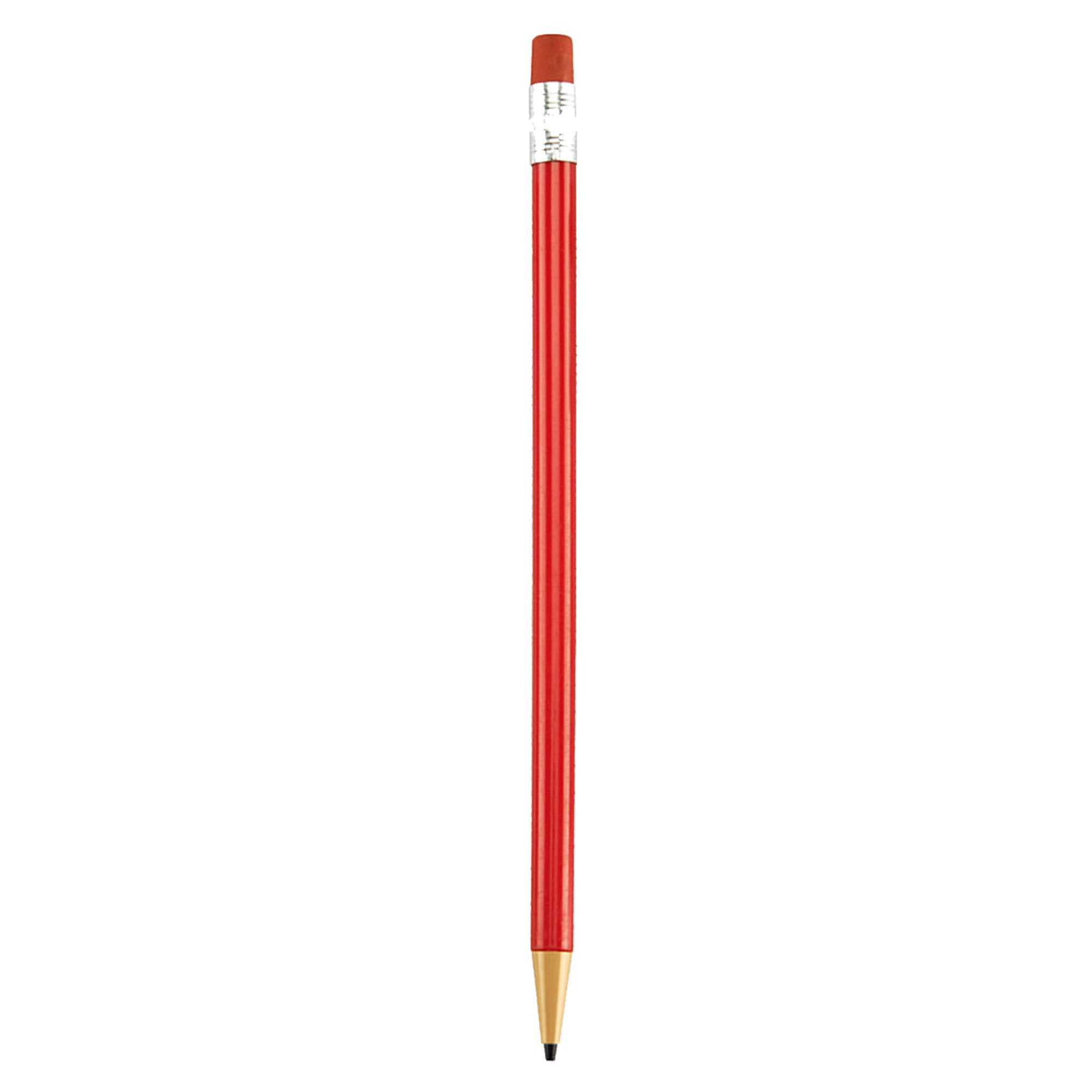 A round mechanical pencil in vibrant red with a black tip and a white branding section.
