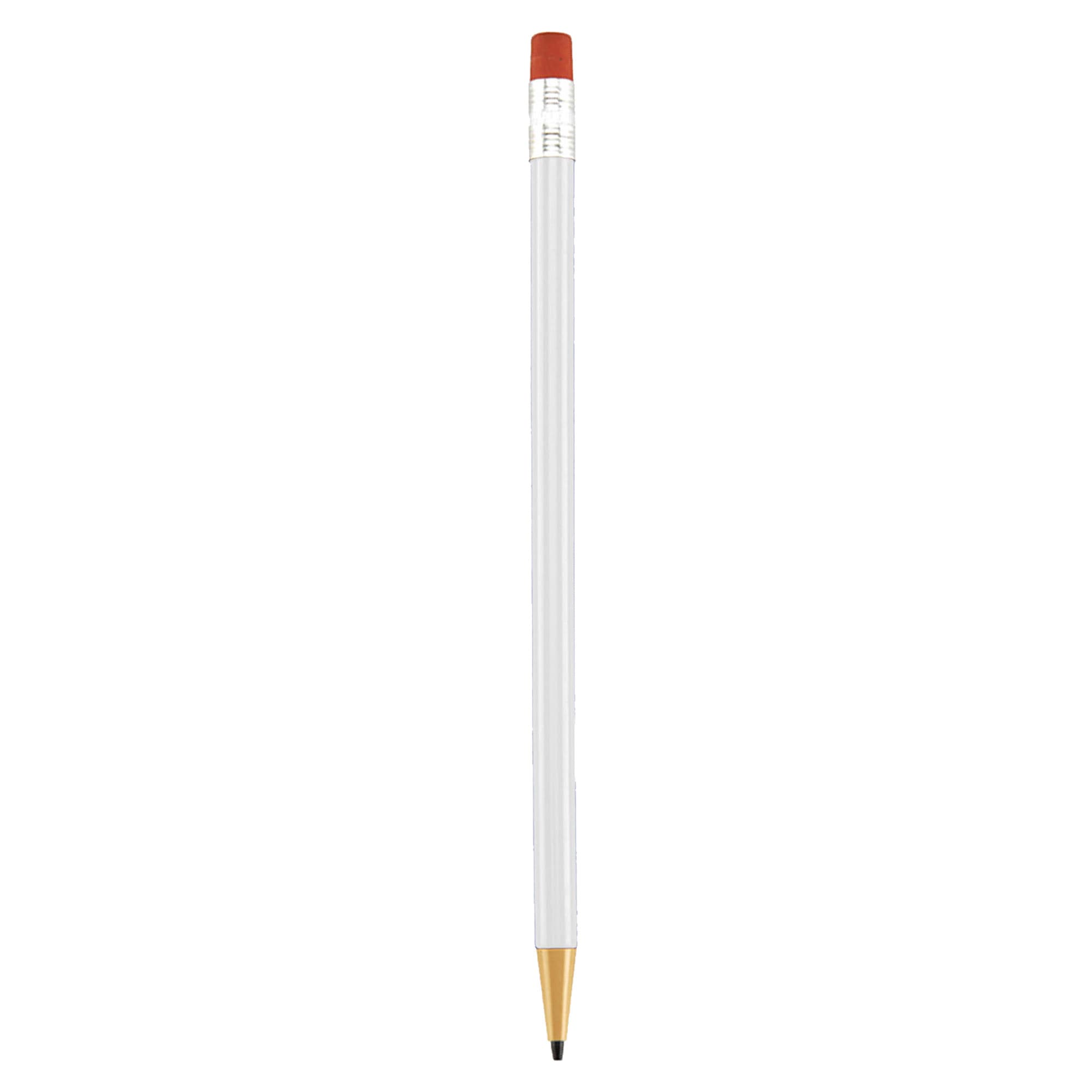 A round mechanical pencil in white with a gold tip and red eraser, featuring a branding logo.