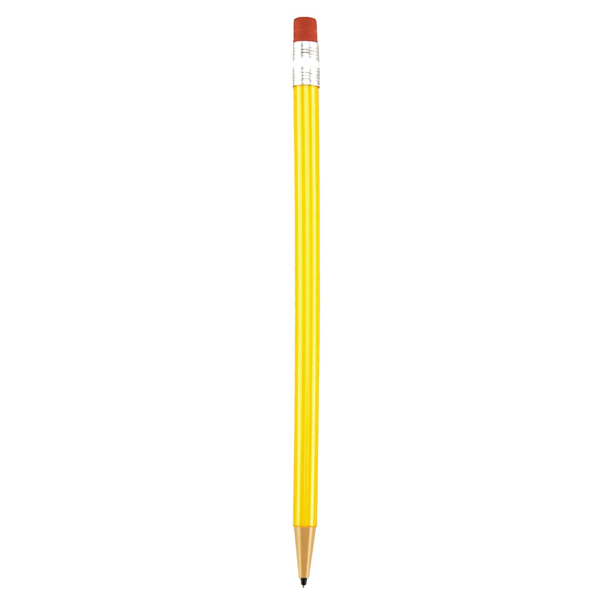 A round mechanical pencil with a yellow body and red eraser, featuring a silver tip and a logo on its side.