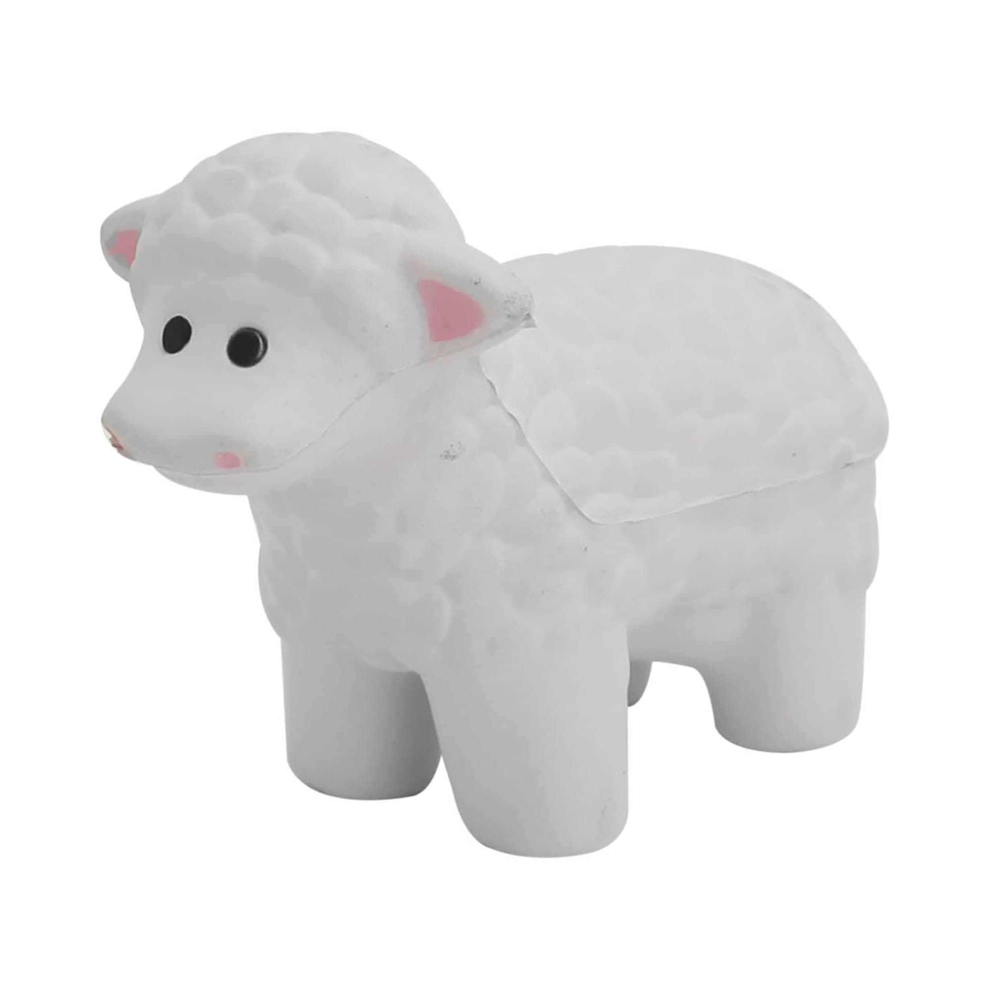 A white stress sheep figurine with a textured body and black eyes, designed for stress relief.