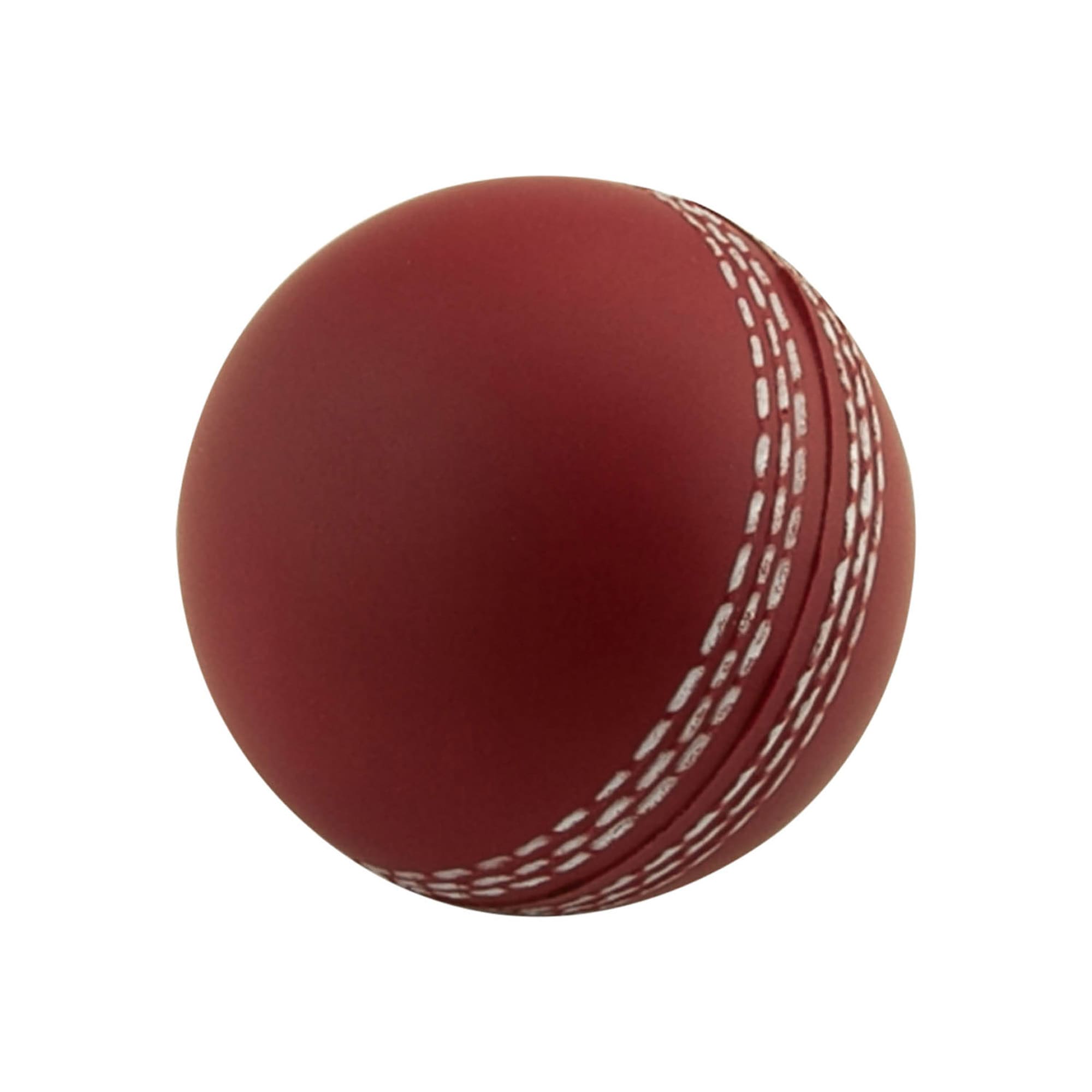 A red stress cricket ball with white stitching, designed for fun and relaxation. Features a logo.