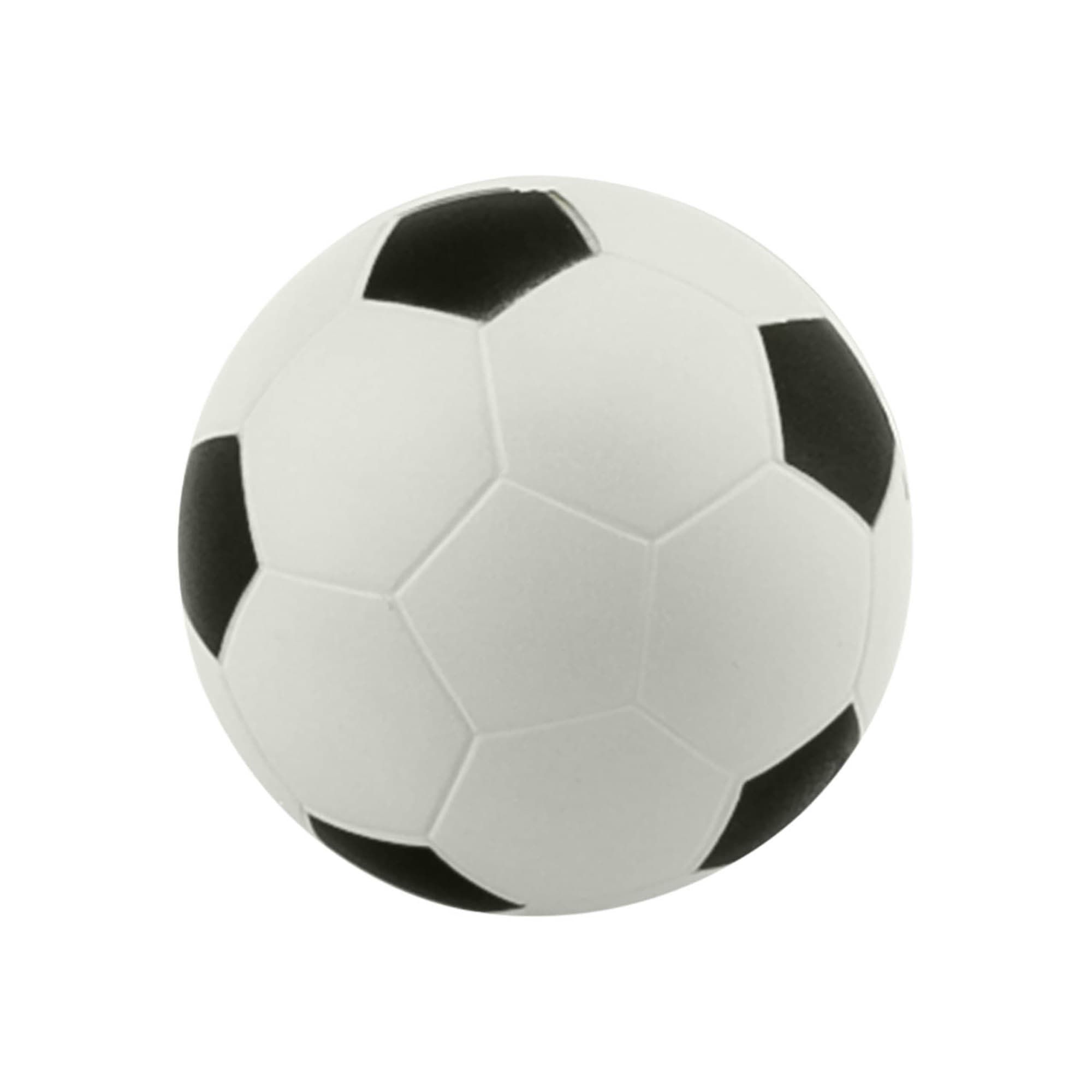 A large stress soccer ball in white with black pentagonal and hexagonal panels, featuring a logo.