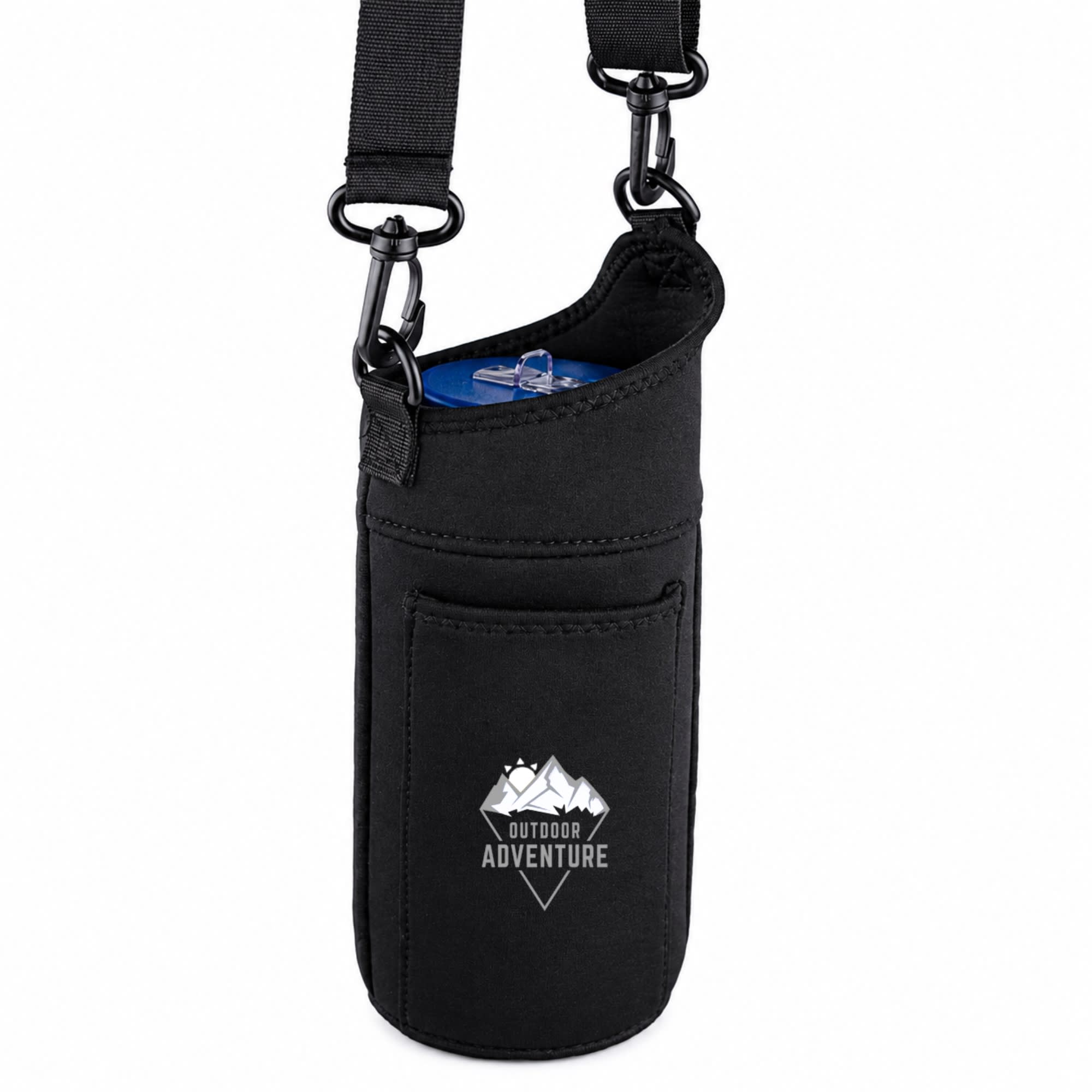 A drink bottle holder in black neoprene with a shoulder strap and a front pocket. It features a logo.