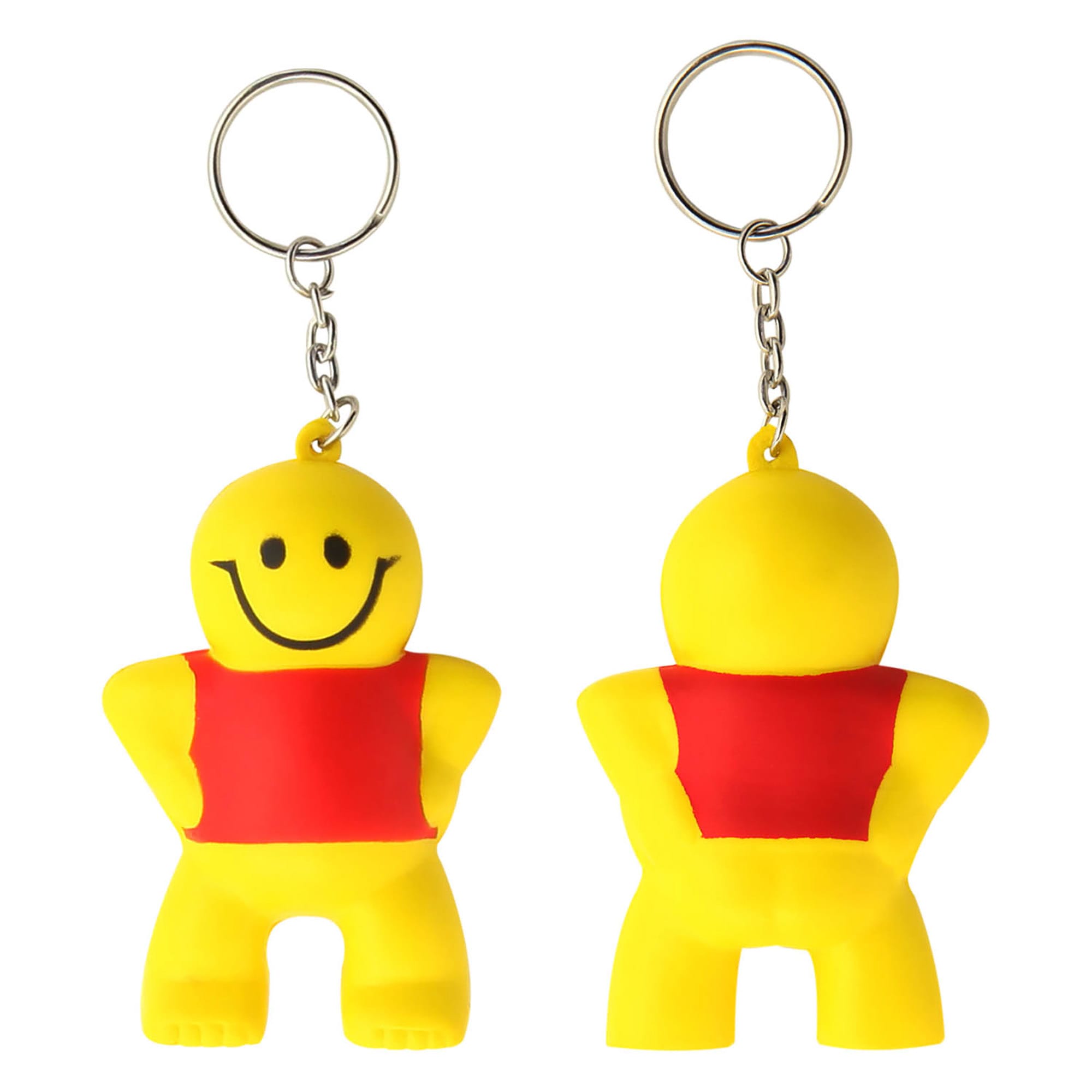 A yellow stress keyring shaped like a little man with a red shirt, featuring a smiling face and a metal keychain.