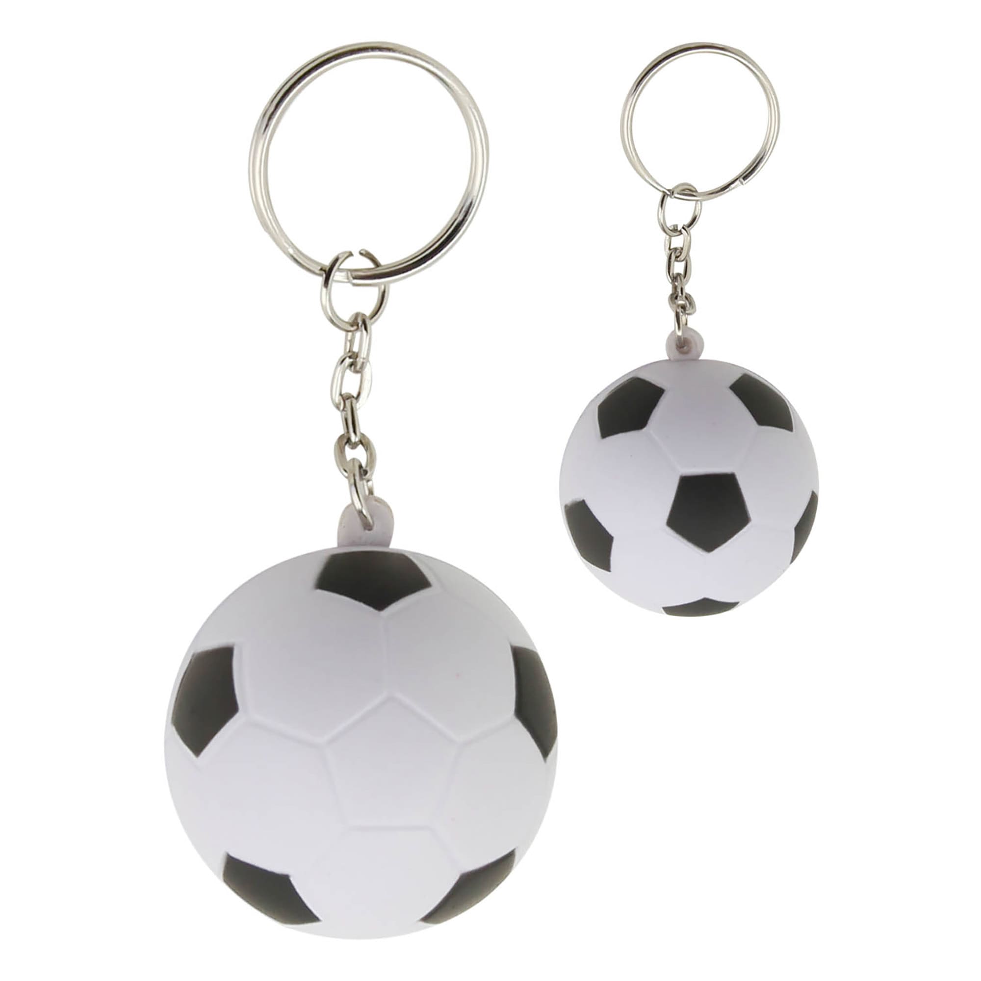 A stress soccer ball key ring in white and black with a shiny metal chain and ring.