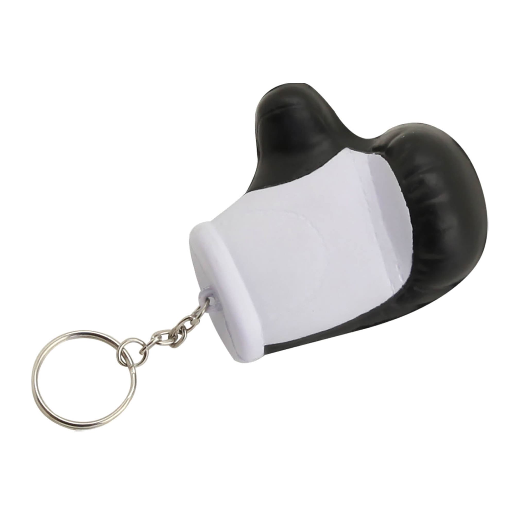 A black and white stress glove key ring attached to a metal chain. It features a glove design.