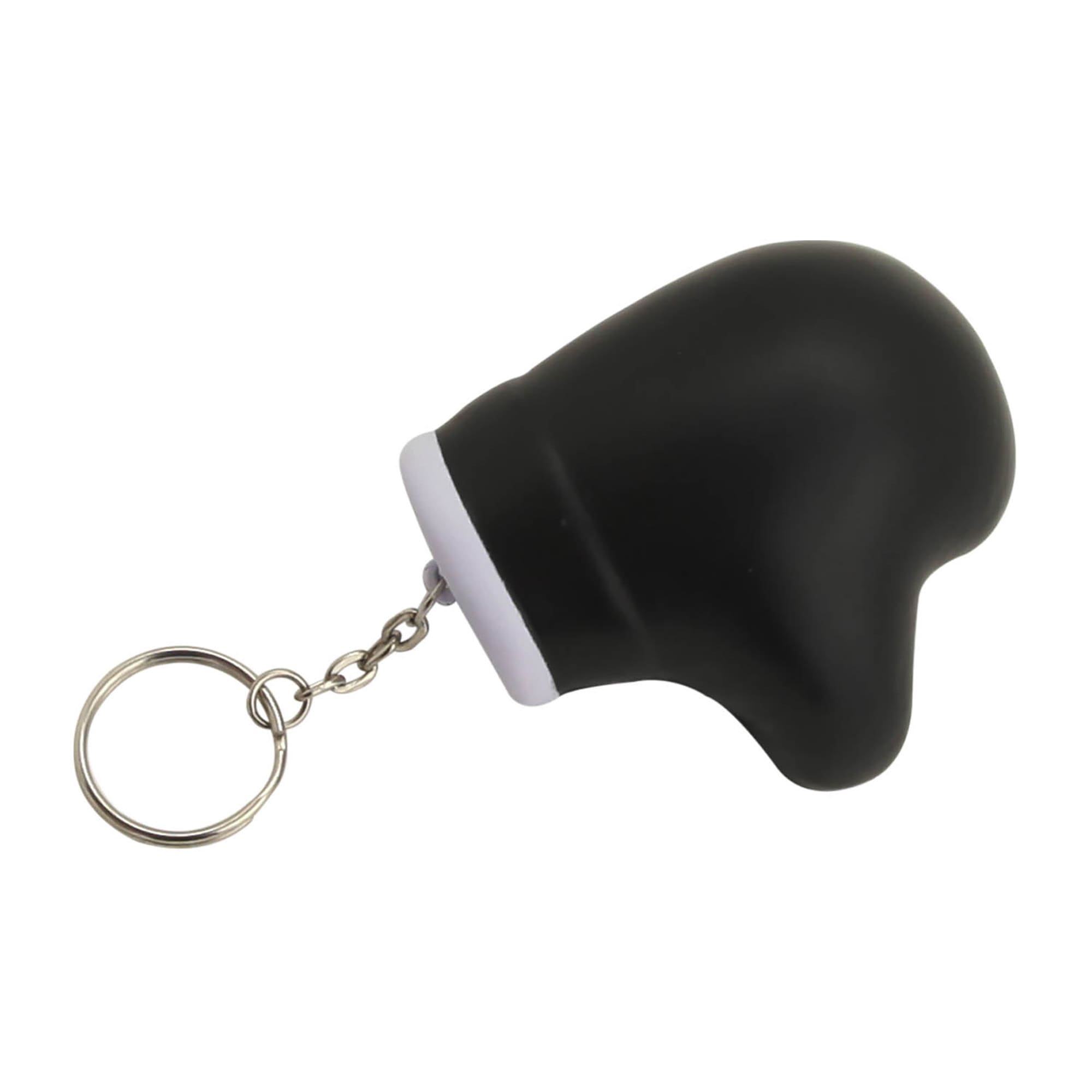 A black stress glove key ring with a metallic chain attachment. The item is shaped like a glove.
