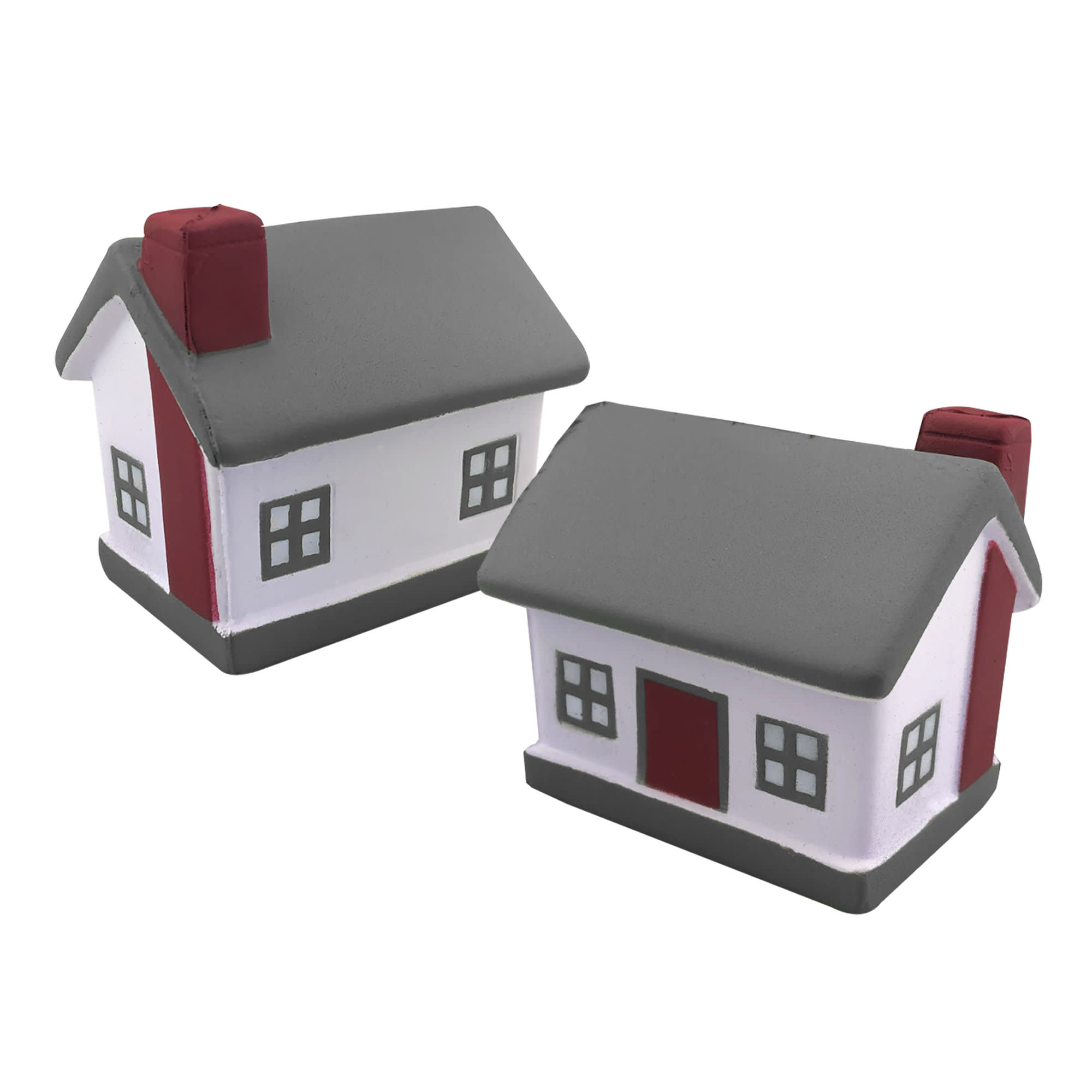 Two stress shapes designed like houses, featuring white walls, grey roofs, red doors, and grey chimneys.