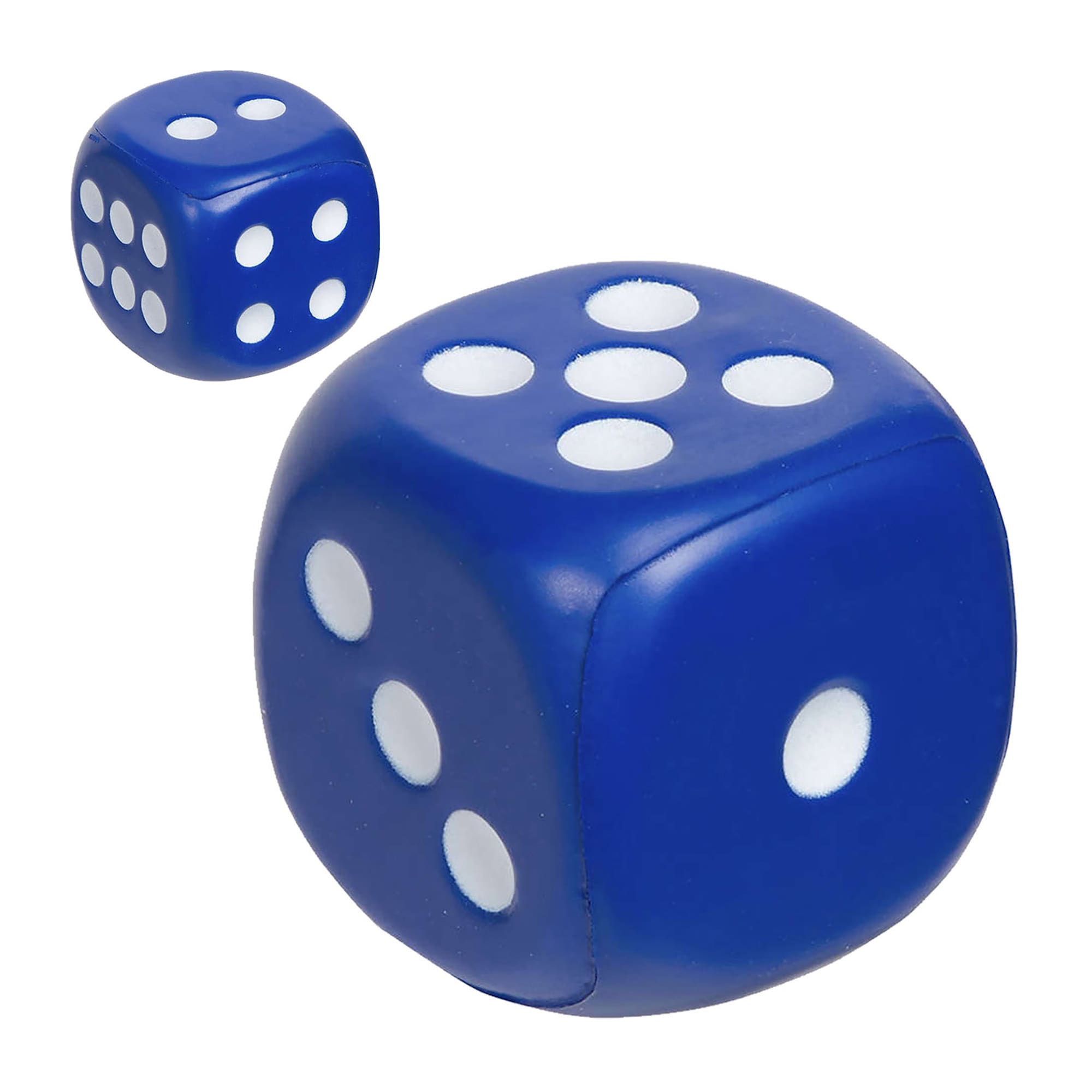 A set of blue stress dice in varying sizes, featuring white dots on each face. The image includes a branding logo.