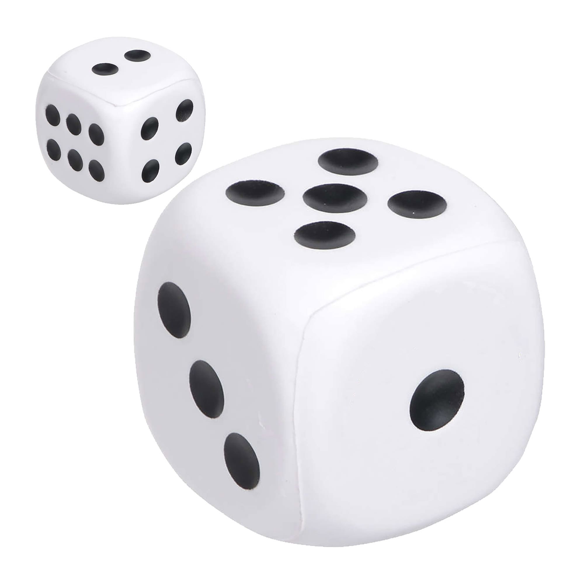 A set of two small white dice with black dots, featuring a smooth finish and rounded edges.