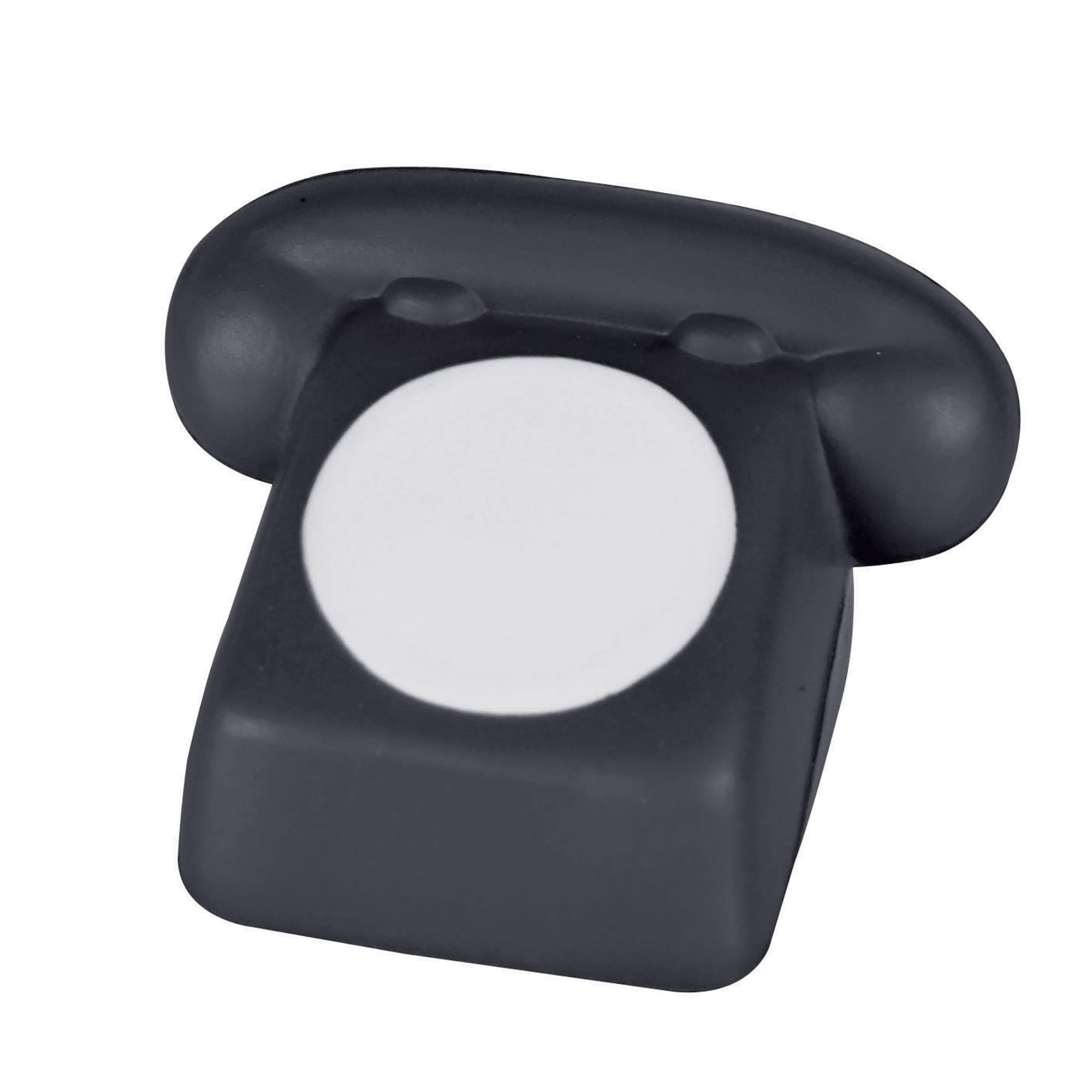 A black stress telephone shaped product with a round white centre and rounded handle. It features a branding logo.